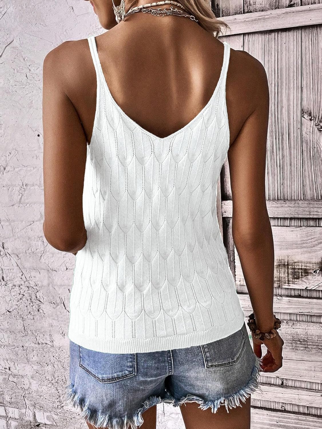 Allimy Womens Pointelle Knit Top V Neck Strappy Tank Tops Summer Sleeveless Blouses Shirts Tops - Image 6