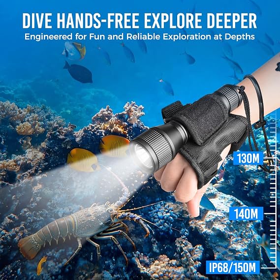 ORCATORCH D550 Hands-Free Dive Light with Wrist Strap & Bolt Snap | 1000 Lumens, 3 Modes High Med Strobe, Tail Switch, IP68 Waterproof, Hands-Free Backup Dive Light, for Night Diving