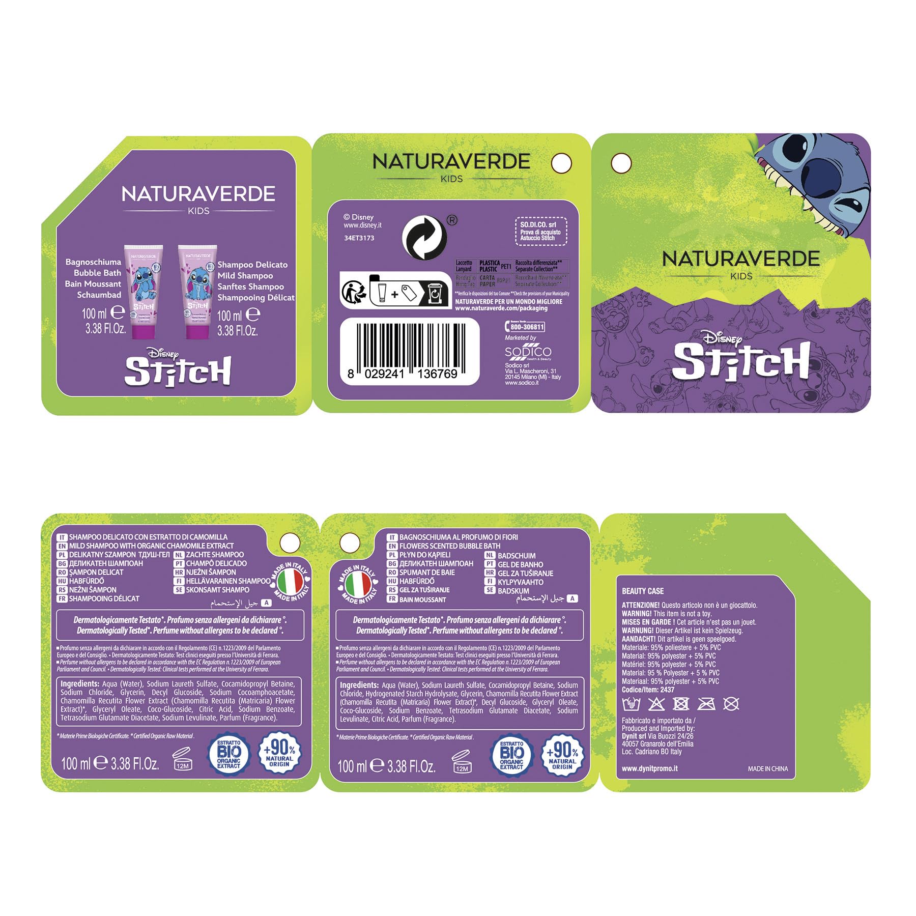 Naturaverde| Kids- Disney Stitch - Caja Regalo, Champú 100 ml, Gel de Baño 100 ml + Neceser Stitch