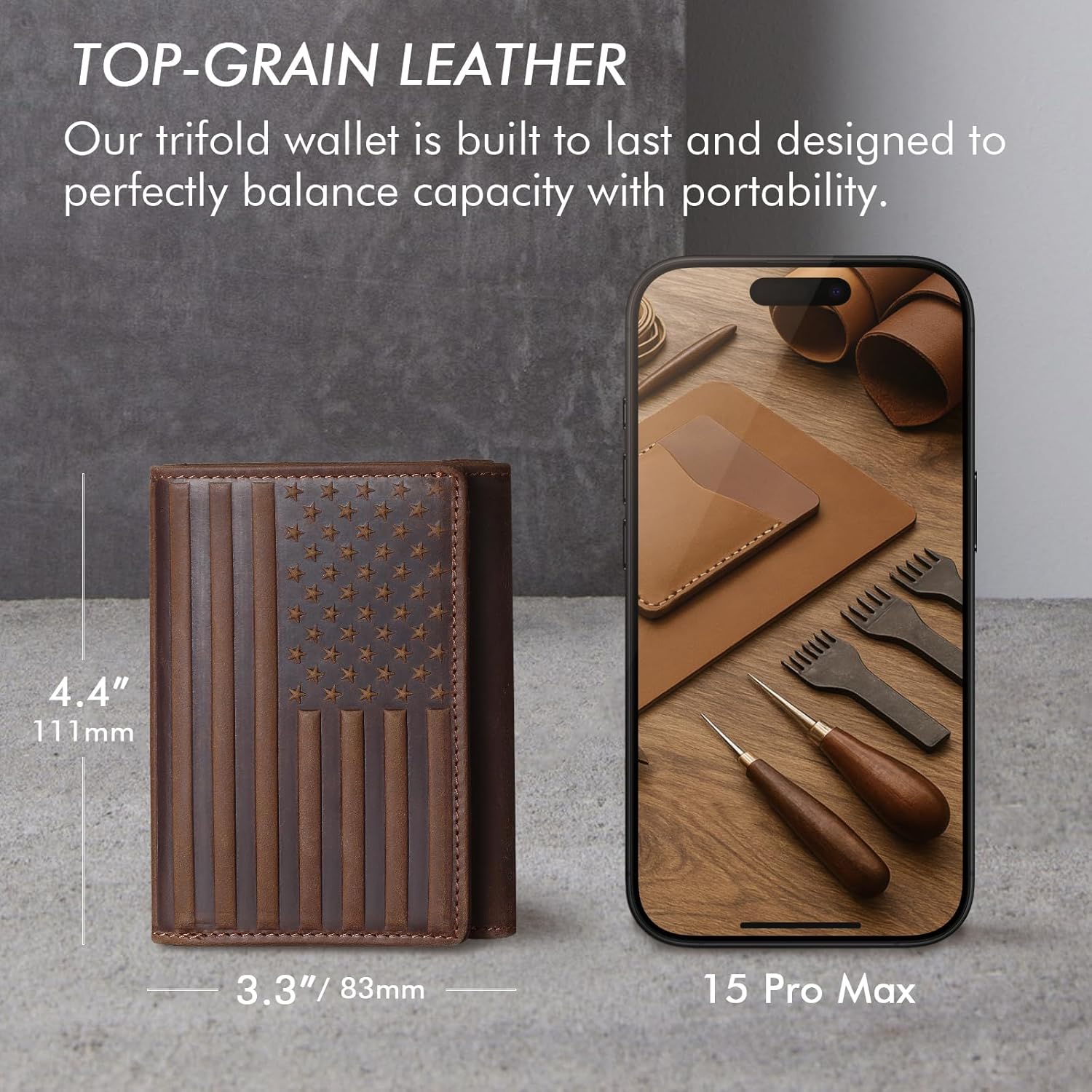 Trifold Leather Wallet for Men RFID Blocking – Mens Trifold Wallet Leather with 12 Card Slots, Gift for Men, American Flag Wallet Dark Brown - Image 6