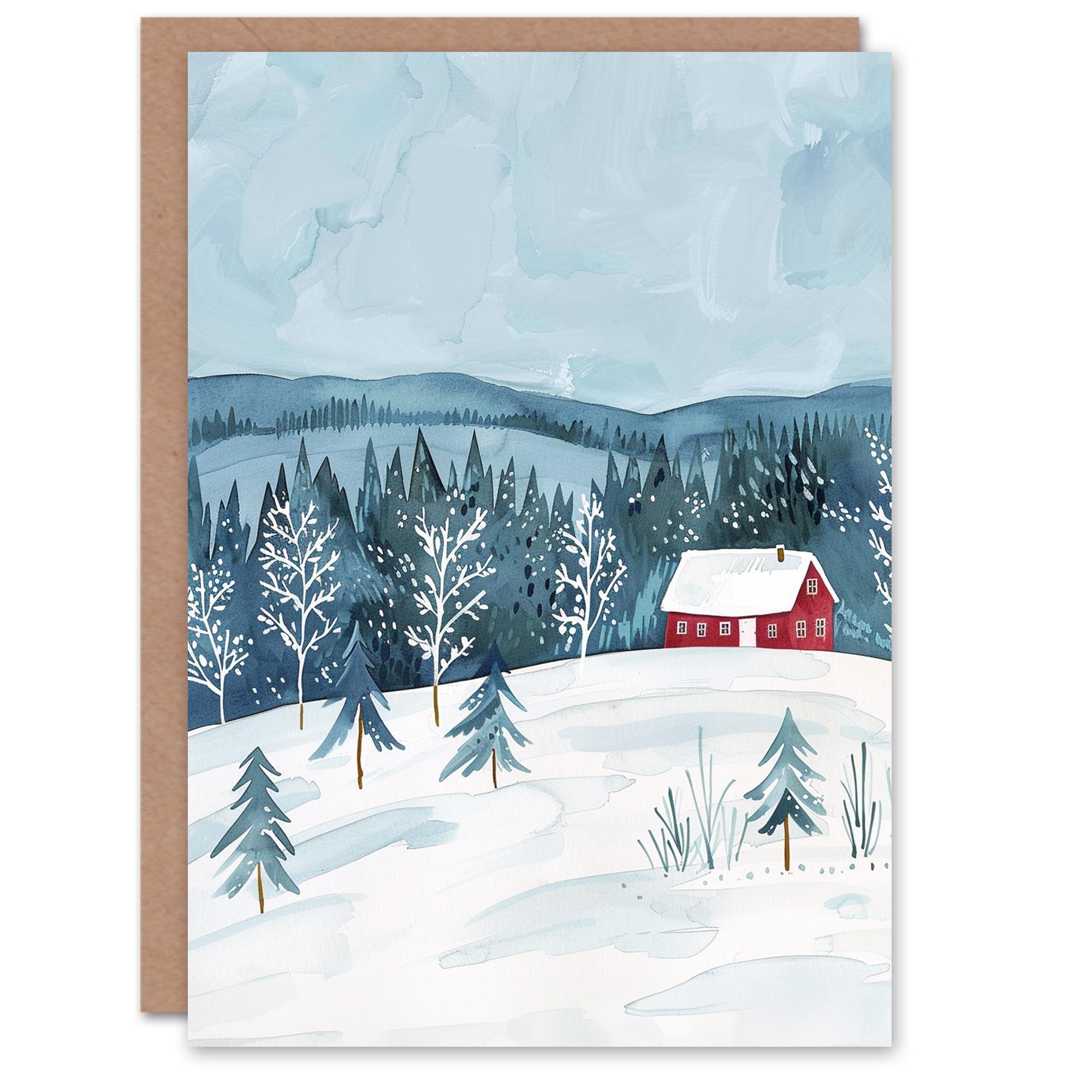 Wee Blue Coo Cabin In Winter Snow Forest Landscape Fun Xmas Art Blank For All Christmas Card