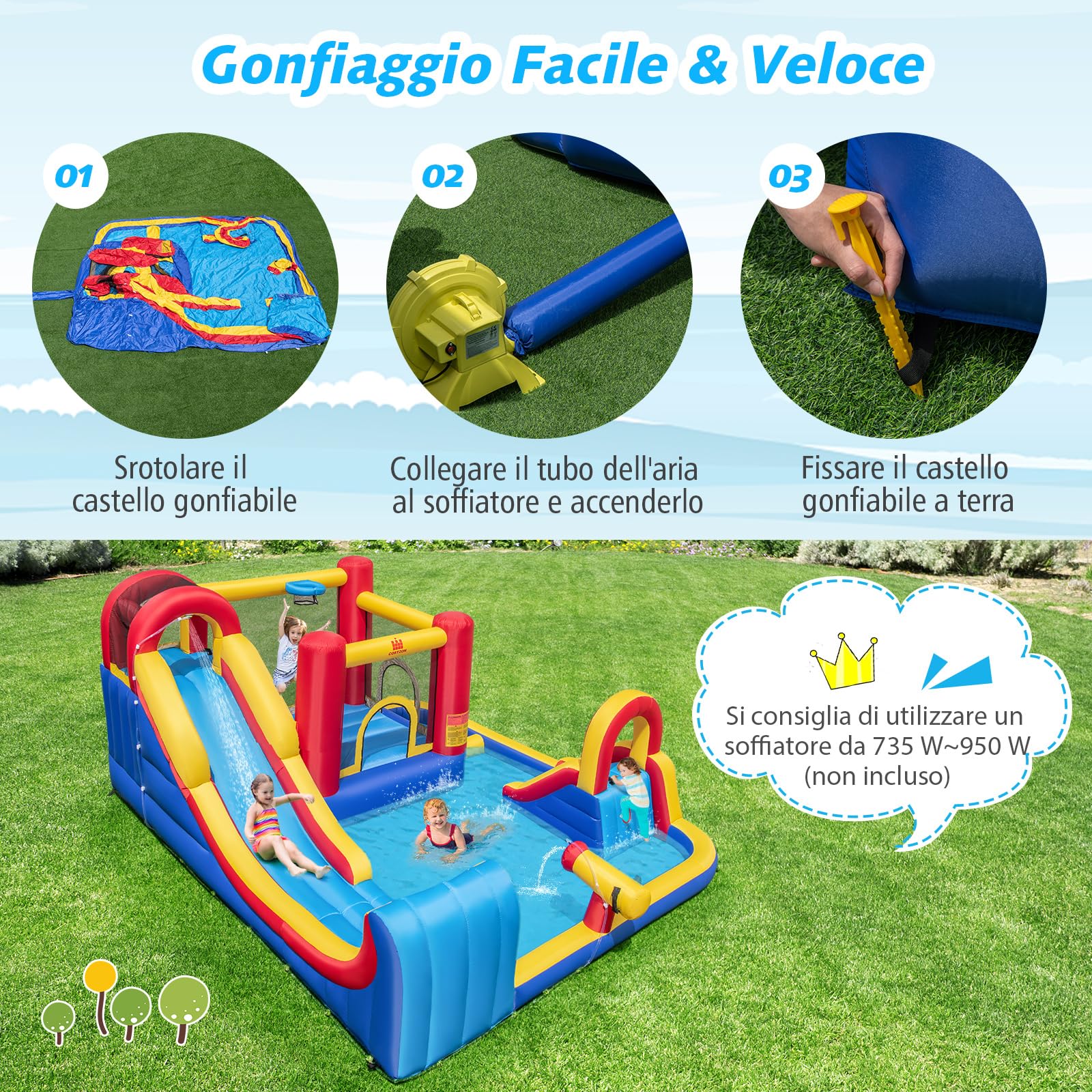 COSTWAY Castello Gonfiabile per Bambini, Parco Acquatico Gigante con Doppi Scivoli d'Acqua, 2 Piscine, Area Salto, Canestro e Parete da Arrampicata, 450 x 392 x 216 cm