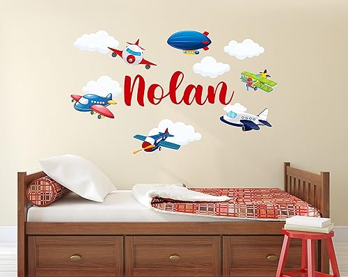 Calcomanía de pared personalizada con nombre de avión – Calcomanías de pared de aviones – Adhesivo de vinilo personalizado para niños con globos