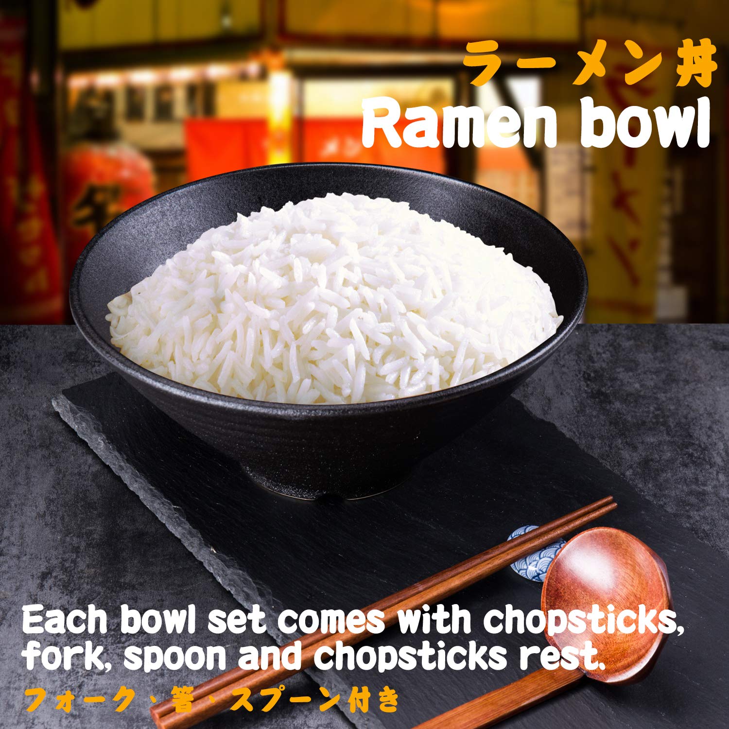 Genérico Juego de 14 tazones Grandes de Porcelana para Sopa Ramen de 2 x 900 ml con cucharas y Palillos para Pasta Udon, pho, soba, Cereales y ensaladas. Tazones de Fideos de Estilo japonés.
