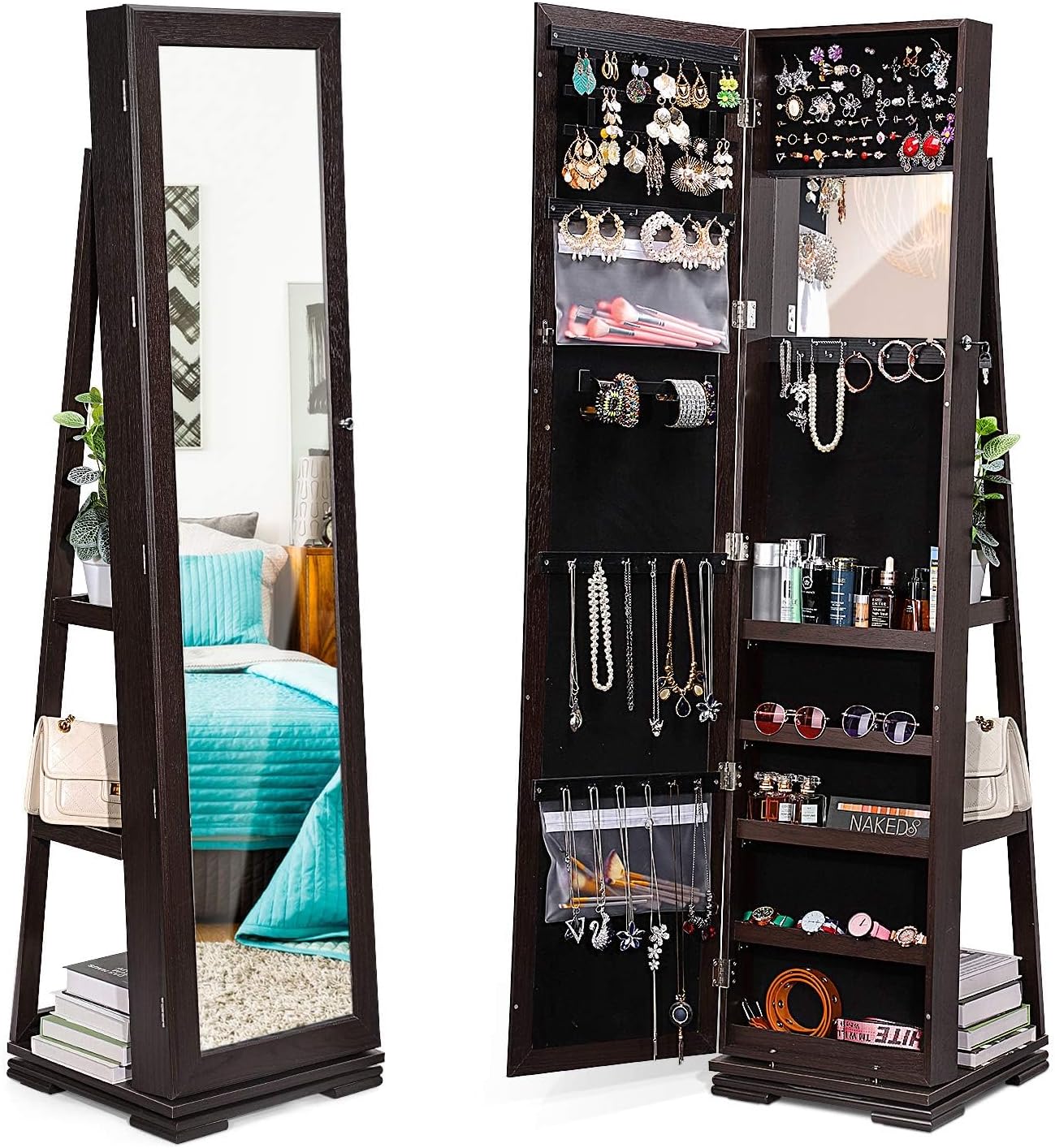 Titan Mall 360° Rotating Jewelry Cabinet Standing Jewelry Armoire with Full Length Mirror,Revolving Makeup Jewelry Holder Organizer Full Body Mirror,Large Stand Up Jewelry Box,Women Girl Gift,Brown