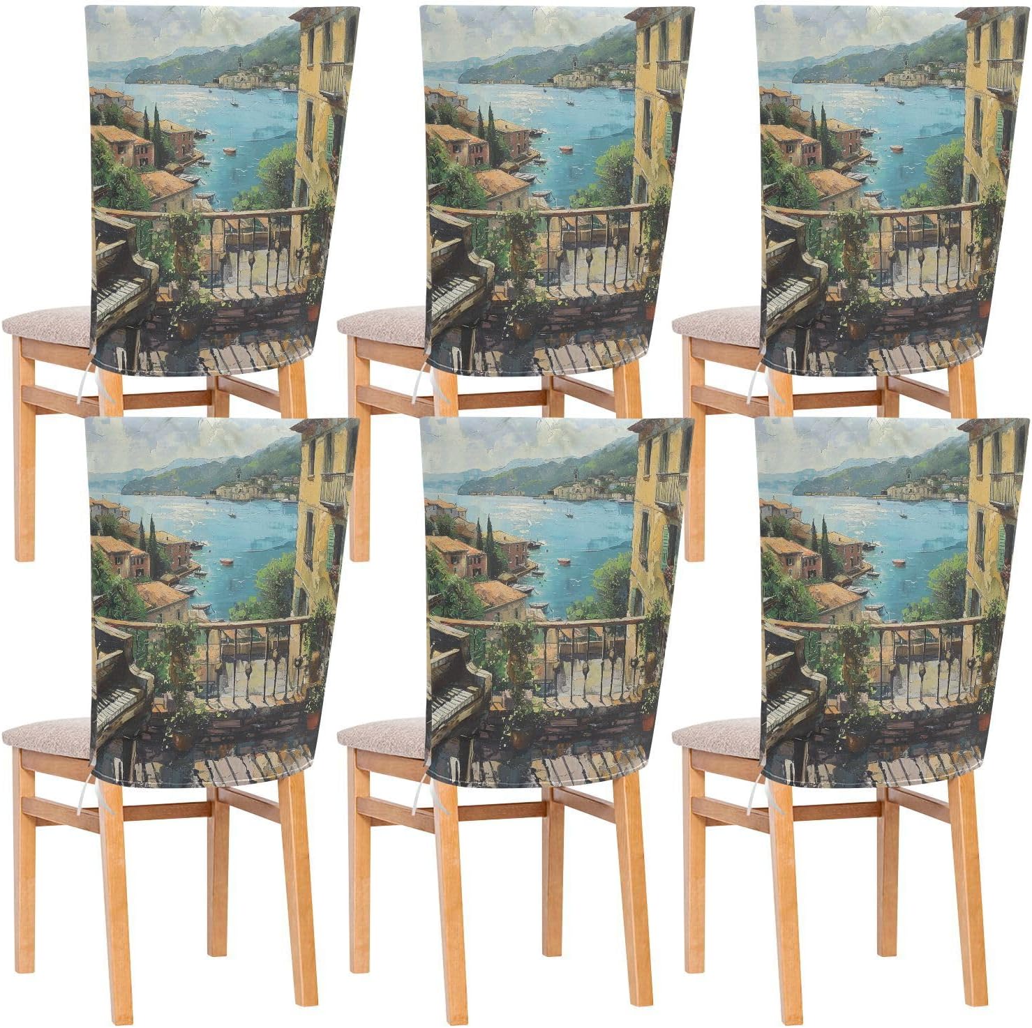 ALAZA Italy View Piano Chair Back Cover Set of 6, Washable Reusable Removable Chair Slipcovers Decorative Chair Cover for Home Kitchen Wedding Party