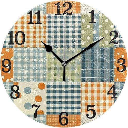 KLL Vintage Patchwork Pattern 10 Inch Round Clock Display on Wall Non Ticking Creative for Dining Room Farmhouse Office reloj de pared para cuarto
