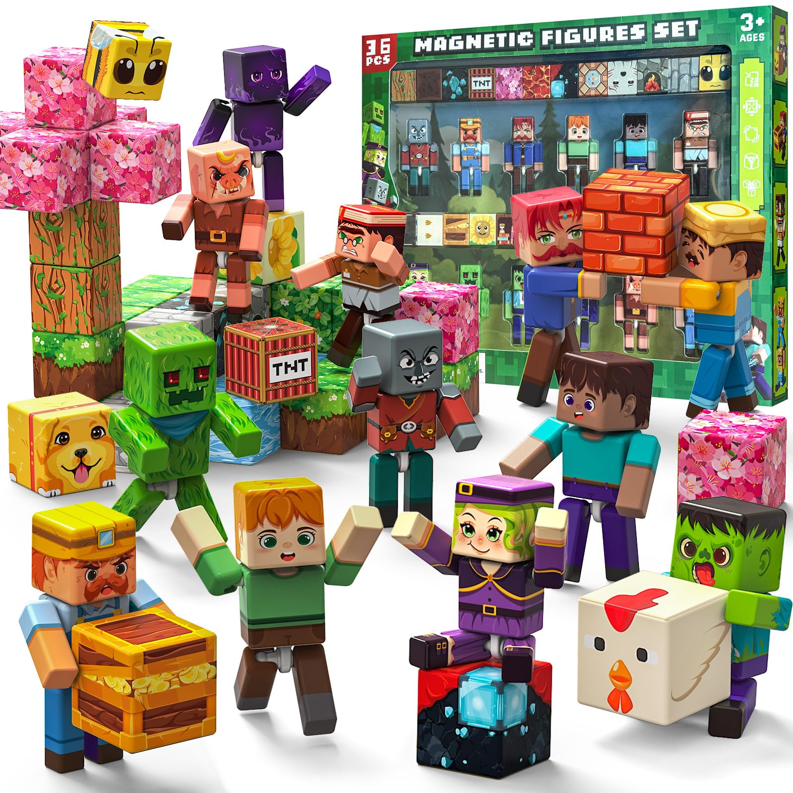 Crifeton 36 Pezzi Figure Magnetiche e Blocchi Magnetici,12 Action Figure & 24 Cubi Magnetici con Motivi da 2 cm,Articolazioni a 360°,Costruzioni Magnetiche Bambini 6-12 Anni,Regalo Bambino Bambina