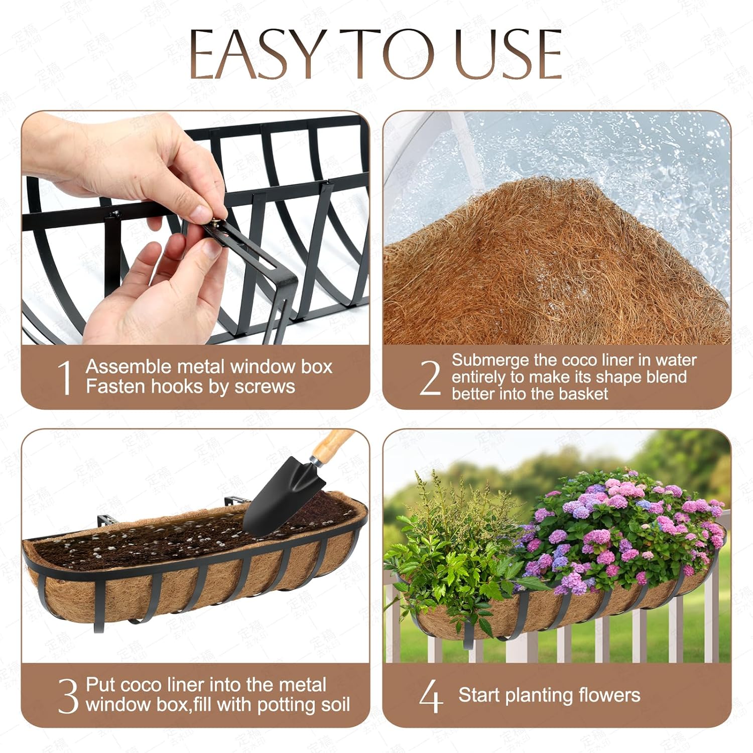 30 Inch 2 Packs Window Boxes Planters Railing Planter Box with Adjustable Brackets for Porch Fence Patio Balcony Hanging Flower Baskets with Coco Liners for Outdoor Garden Décor(30IN/2Packs)