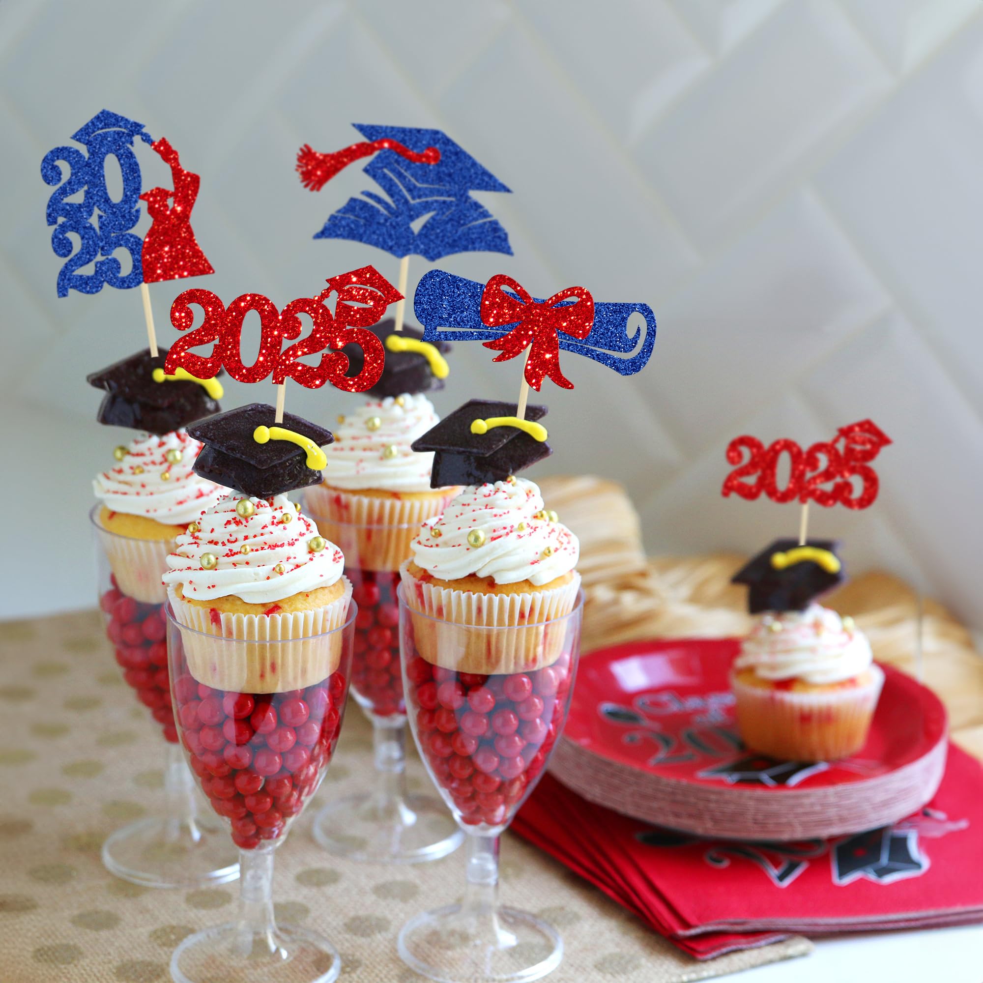 Gyufise 36Pcs 2026 Graduation Theme Cupcake Toppers Glitter Class of 2026 Cupcake Picks Diploma Graduation Cap Cake Decorations for 2026 Graduation Theme Party Decorations Supplies Red Blue - Image 4