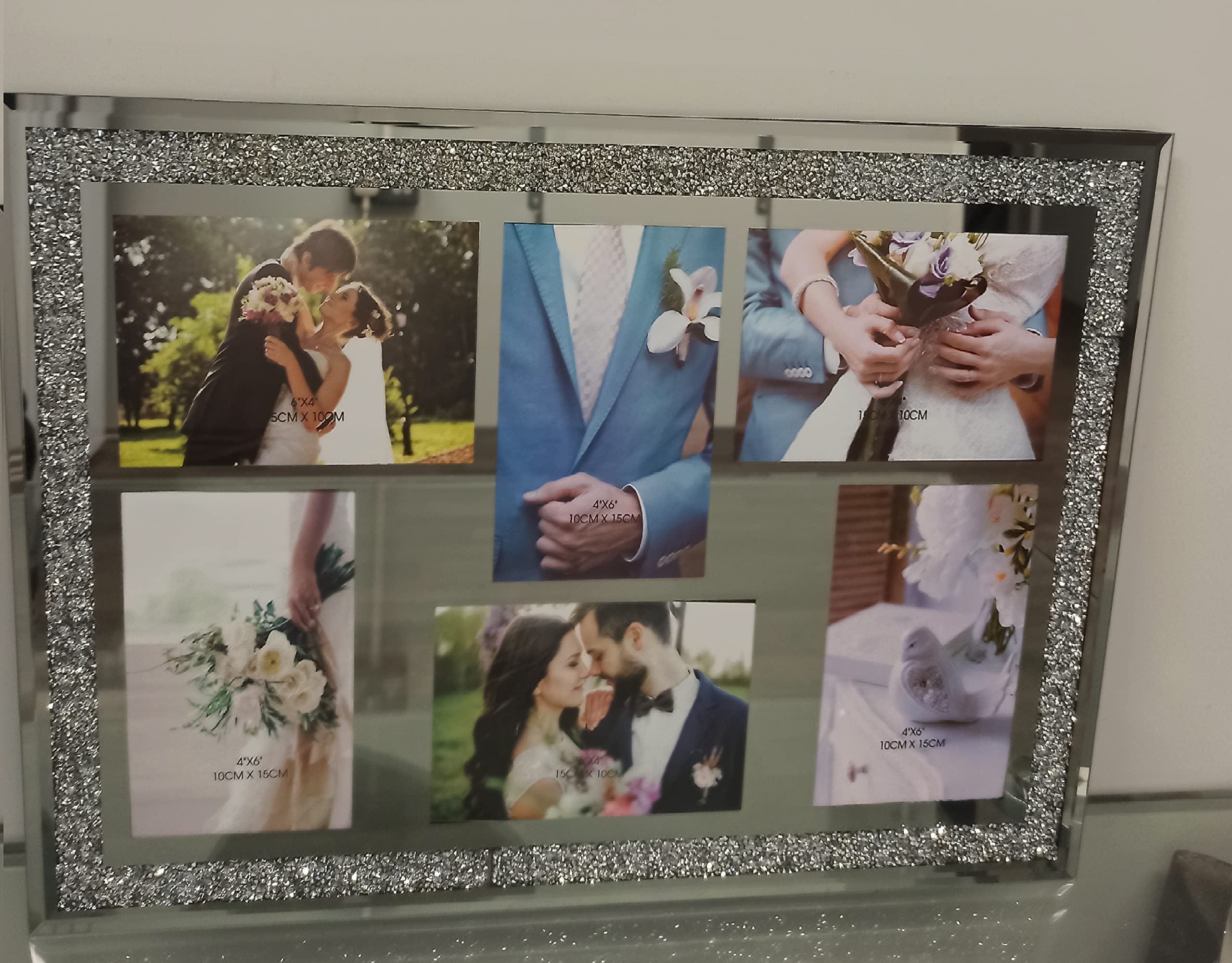 Capristar Silver Multi Aperture 6 Picture Photo Frame 6”X4” Hold 6 Picture Mirrored Crushed Jewel Crystal Diamante