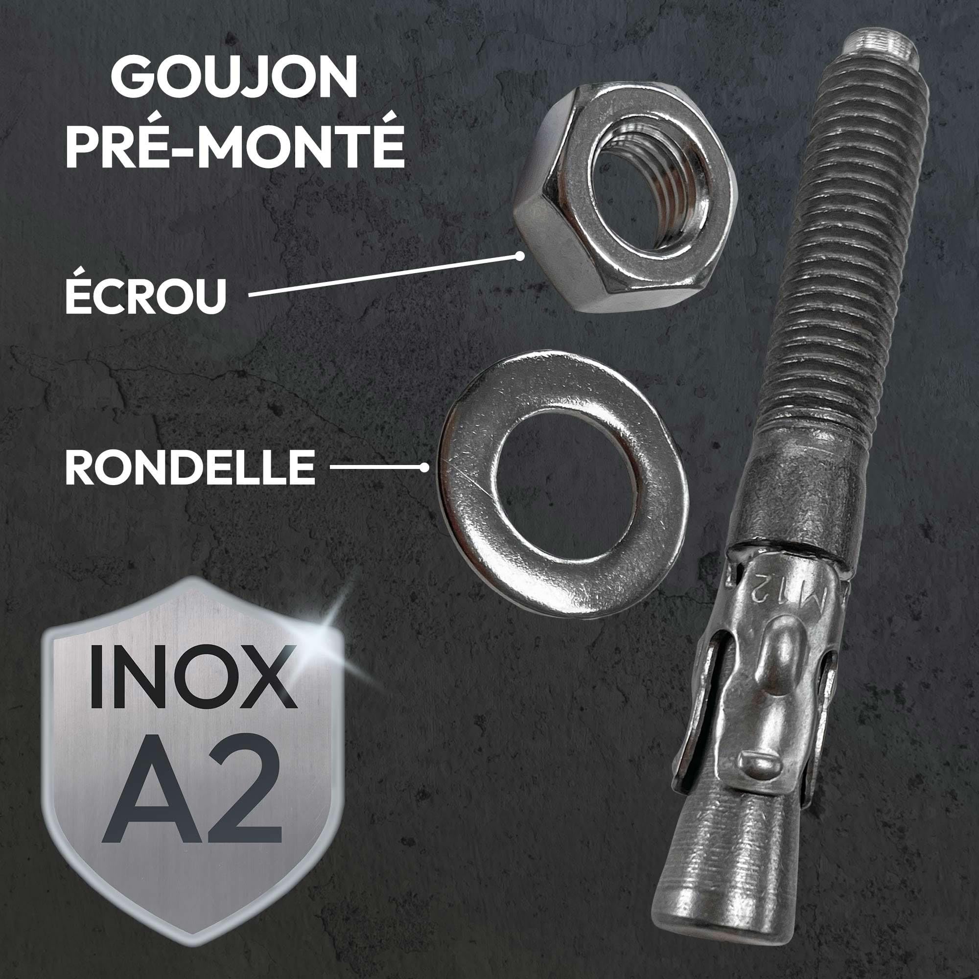 Lot de 25 goujons d'ancrage en acier inox A2 M12 - Diamètre 12 mm - Longueur 140 mm - Diamètre 12 mm