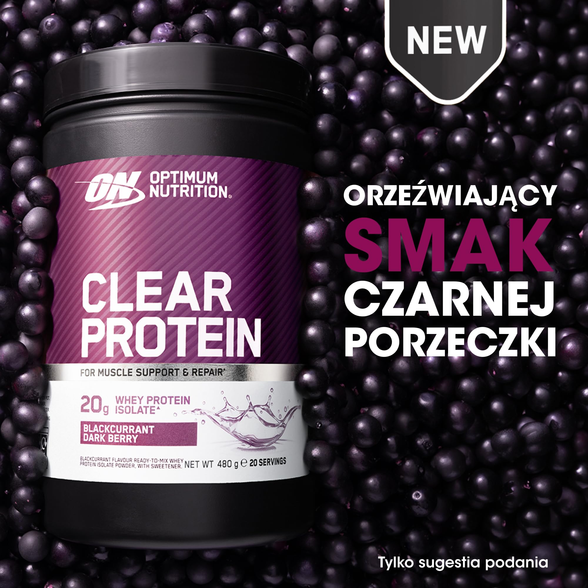 Optimum Nutrition Clear Whey Isolate, 20 g Izolatu Bialka Serwatkowego, Czarna Porzeczka, Zero Cukru, Bialko Wspomaga Wzrost Miesni, 480 g, 20 Porcji