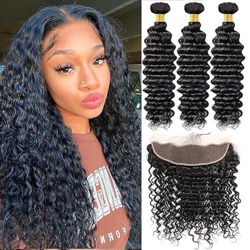 Weydlor Extensiones de ondas profundas con encaje frontal de 13 x 4, cabello humano de 18, 20, 22+16 pulgadas, 3 paquetes con encaje frontal, 100%