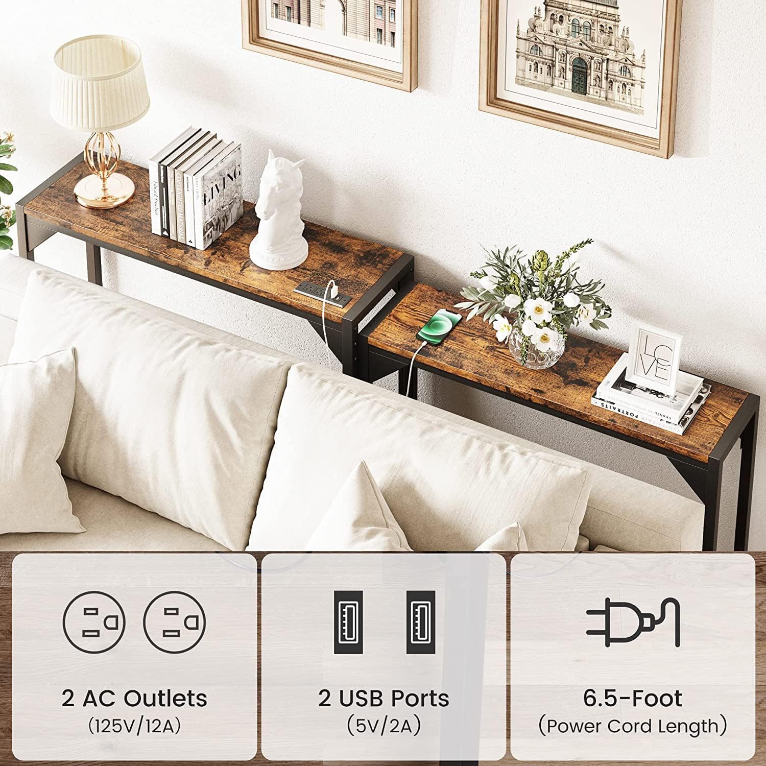 IDEALHOUSE Console Table, 78.6'' Narrow Long Sofa Table Set with Power Outlet & USB Ports, Industrial Long Entryway Table Behind Couch Table for Living Room, Hallway, Foyer, Rustic Brown