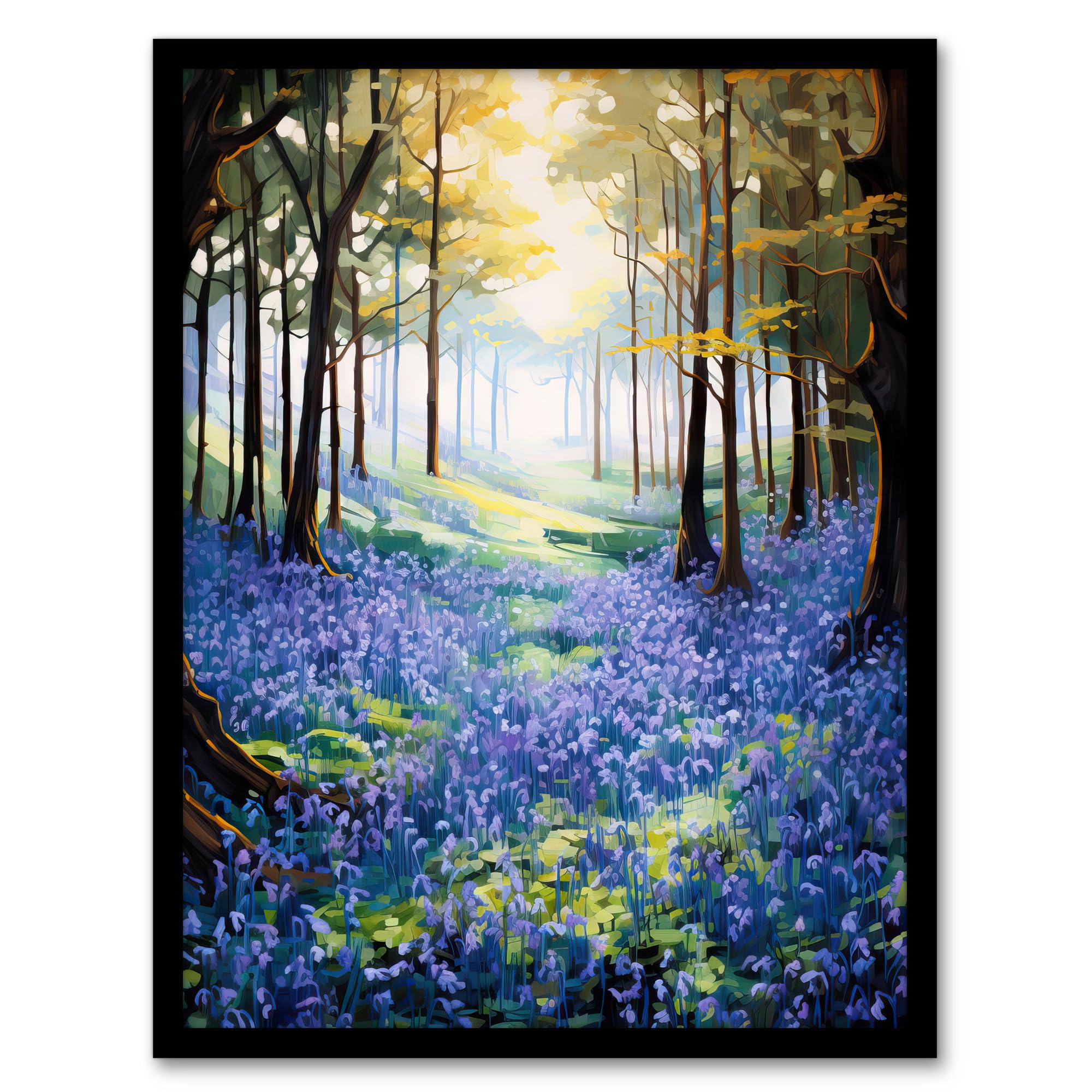 Artery8 Bluebell Wood Spring Flower Woodland Scene Oil Painting Forest Landscape Art Print Framed Poster Wall Decor 12x16 inch