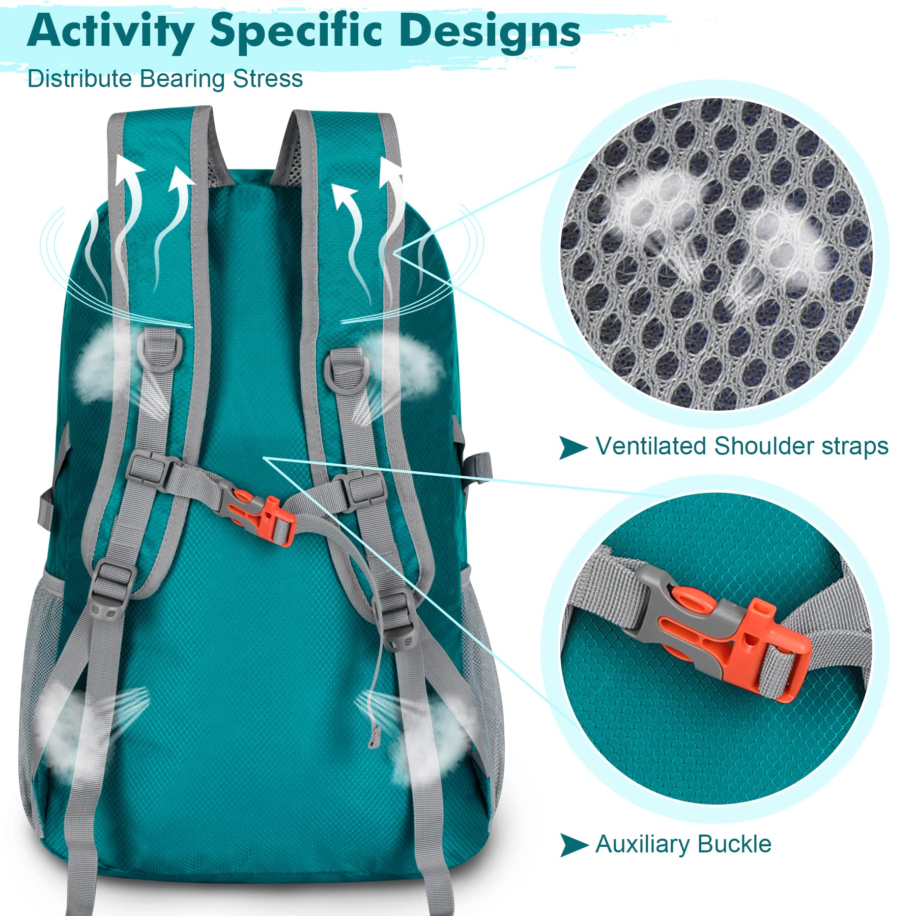 Mochila plegable ligera de 30 L, mochila de senderismo plegable resistente al agua, compacta mochila plegable para viajes (verde lago) 5