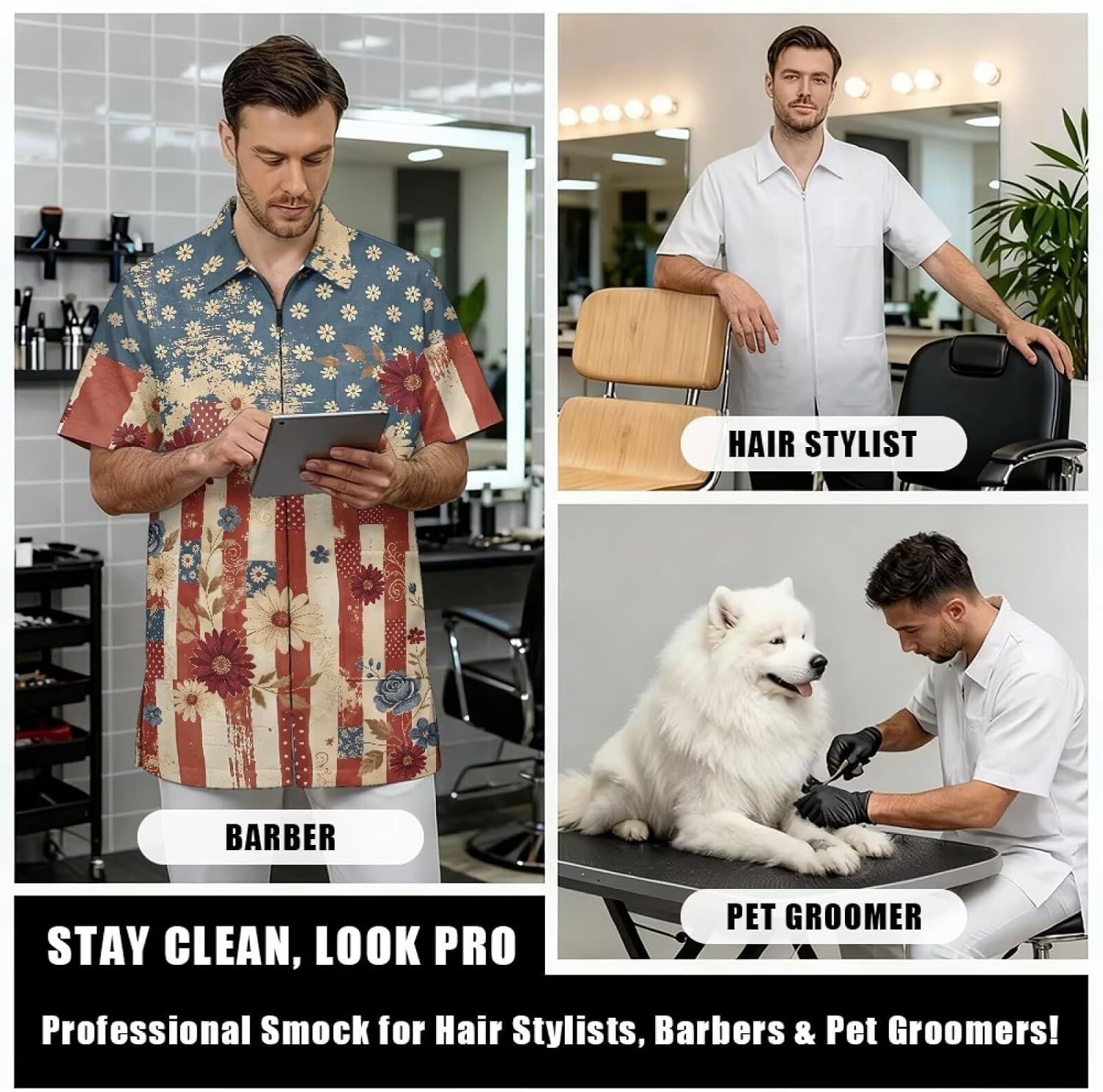 Women Men Barber Work Coat Waterproof Fabric Salon Stylist Tunic Uniform with Pockets for Hairdresser Vet Pet Groomer