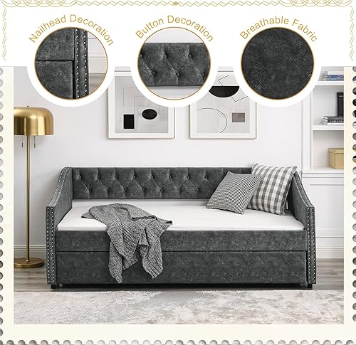 Miniatura 3 de Sofá cama individual con nido, marco de cama moderno de madera con botón copetudo y cabeza de clavos, sofá cama tapizado con nido extraíble para