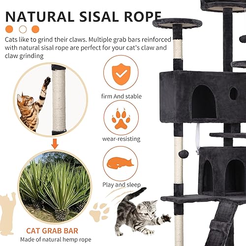 Vista 65 de BestPet Torre de árbol para gatos de 54 pulgadas Beige Resistente y fácil de montar, centro de actividades de varios niveles con postes