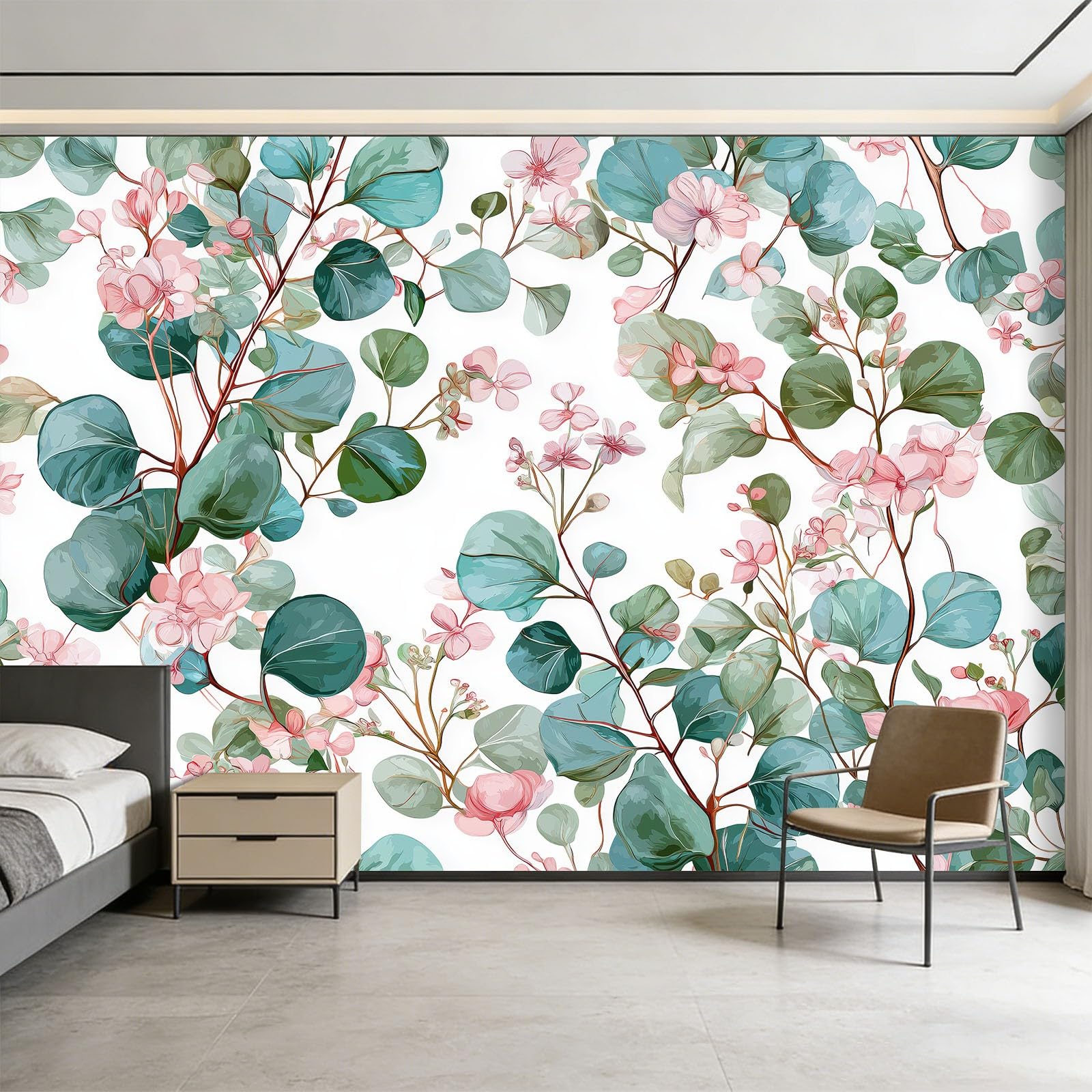 350 x 256 cm, fototapeta z włókniny, styl wiejski, z liśćmi eukaliptusa i kwiatami, tapeta fotograficzna, do salonu, sypialni, tapeta na flizelinie, tapeta ścienna, efekt 3D, zielona