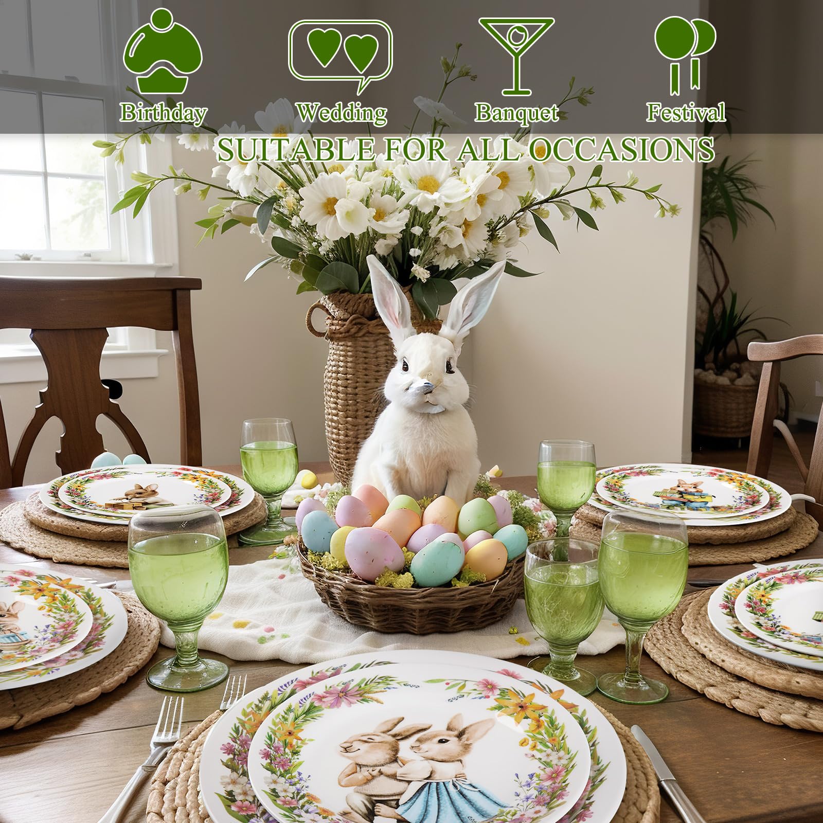Lot de 8 assiettes à salade et 10 assiettes de dessert de lapin de Pâques de 8 pouces et 10 pouces, assiettes de dessert aux designs variés, assiettes multicolores, vaisselle de lapin de Pâques