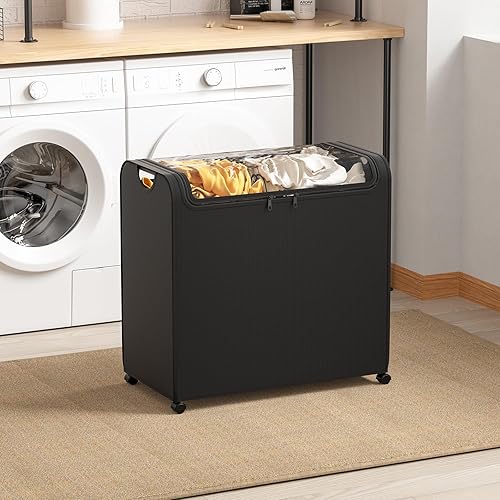 Miniatura 4 de Carrito clasificador de ropa sucia sellado de 100 litros, cesta de lavandería doble con ruedas, cesta de lavandería enrollable con tapa, resistente