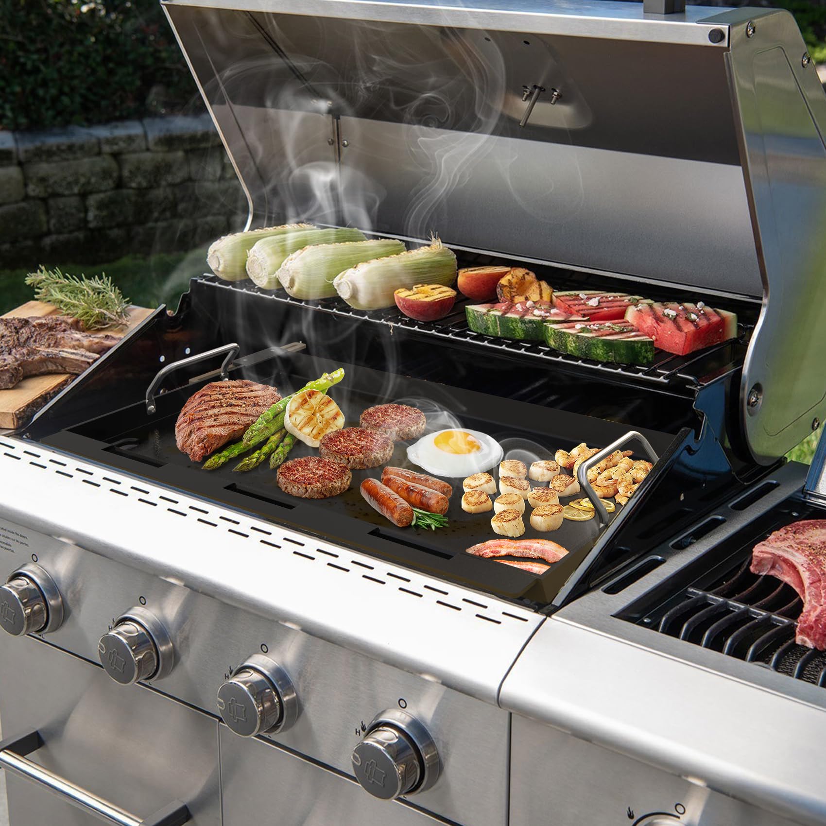 Onlyfire Płyty grillowe do większości 4-palnikowych grillów gazowych, uniwersalna płyta grillowa do Weber, Rösle, Royal Gourmet, Enders, Taino, Napoleon, płyta grillowa z chowanym stojakiem