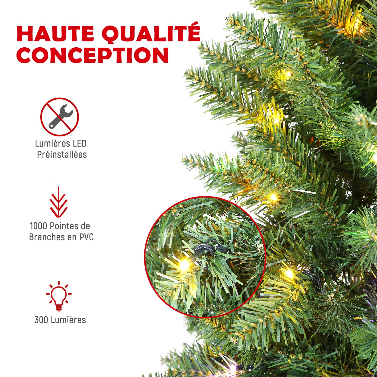 Rollingsurfer Sapin De Noël Artificiel Pré-Éclairé 180CM, Sapin Pin Premium À Charnières, 300 Lumières LED Multicolores, 1000 Pointes de Branches, 11 Modes d'Éclairage pour la Maison et Les Fêtes