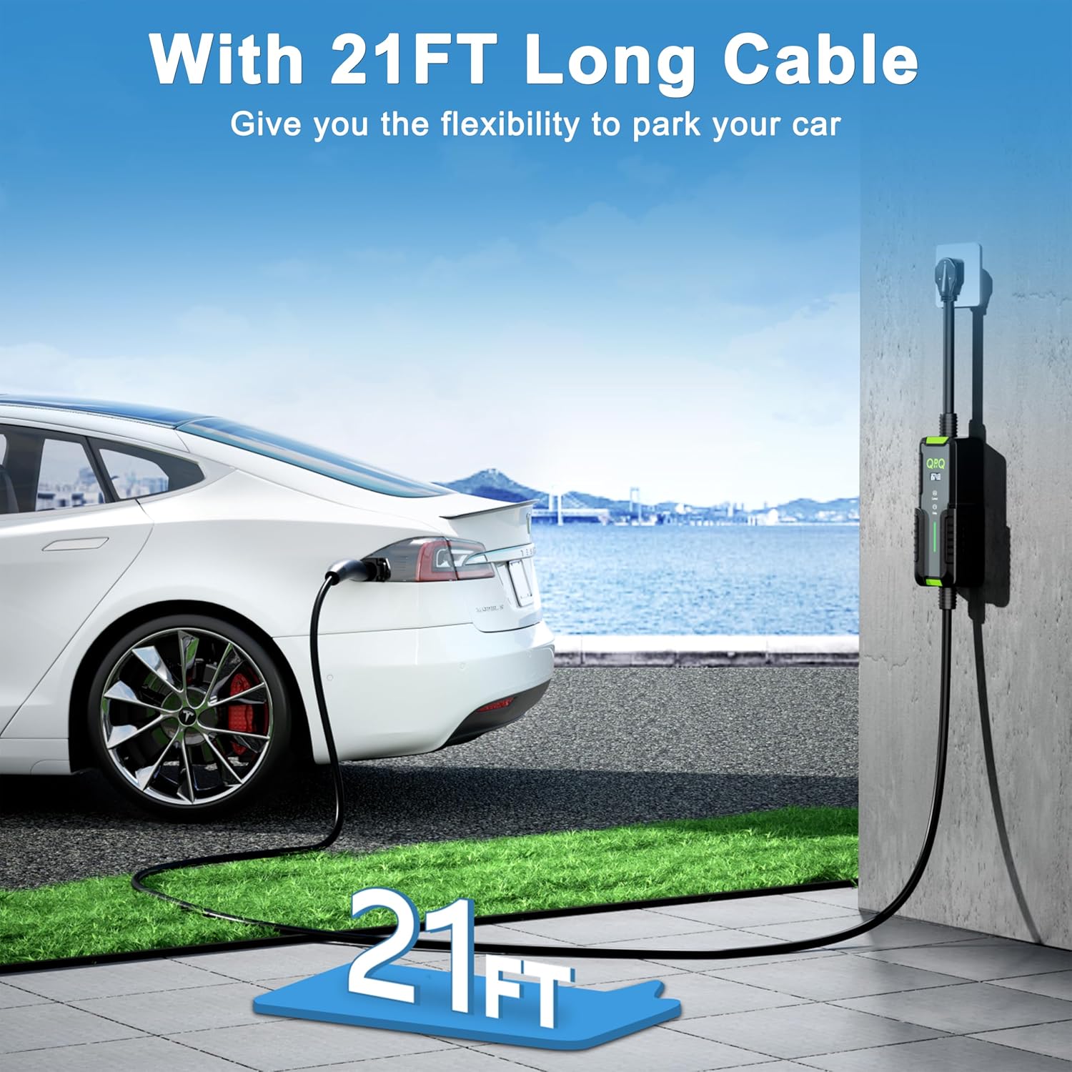 QPQ Level 2 Tesla Charger 32A, Portable Electric Car EV Charger for Tesla Models Y/X/3/S, 21FT Cable 240V NEMA 14-50 Plug, NACS Connector, 7.68KW Home EV Charging Station