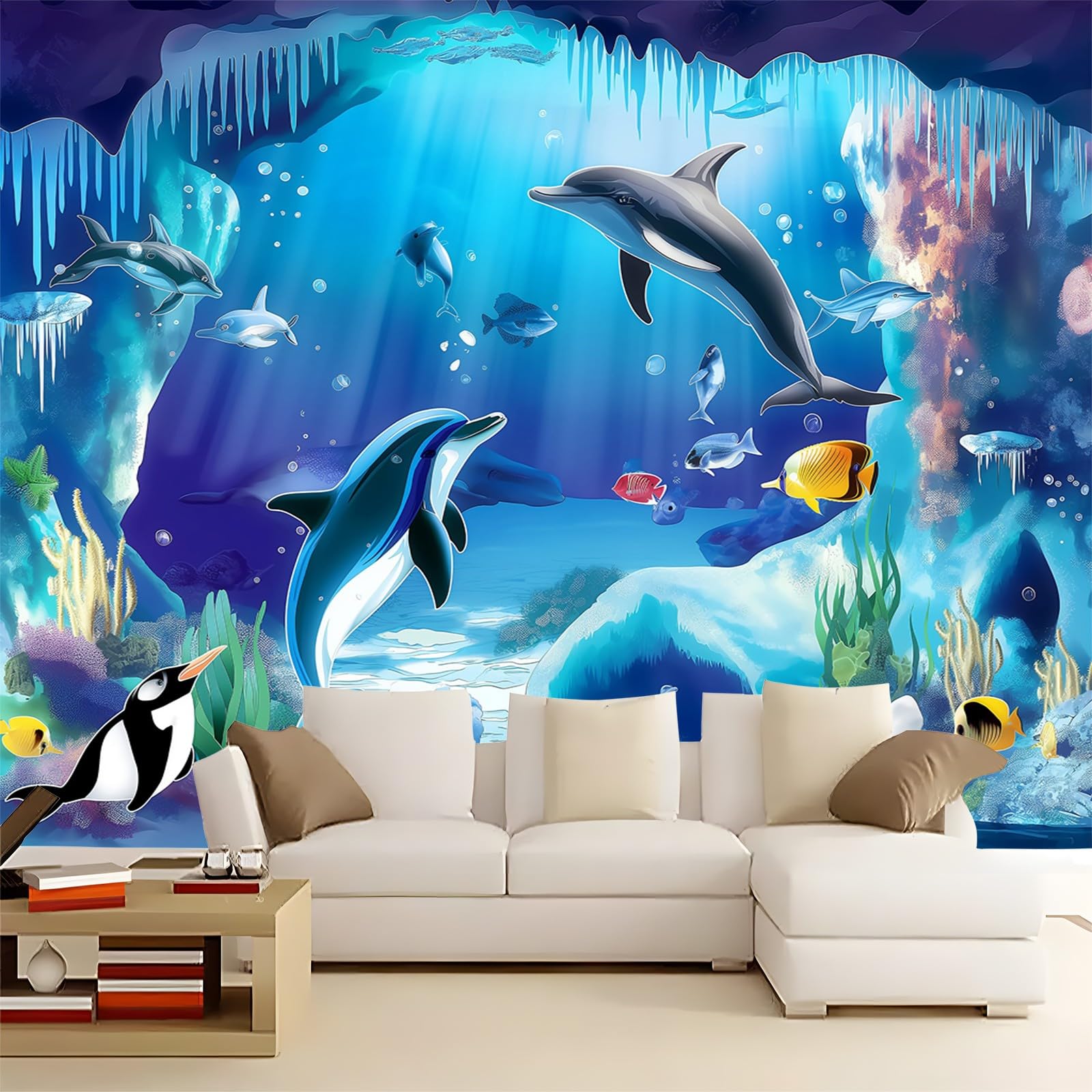 Tapeta 300 x 210 cm, tapeta na fizelinie, kreskówka, ocean, morze, delfin, wodoodporna, folia ochronna na ścianę, do sypialni, salonu, folia meblowa, tapeta ścienna, kolorowa, w zestawie poradnik do