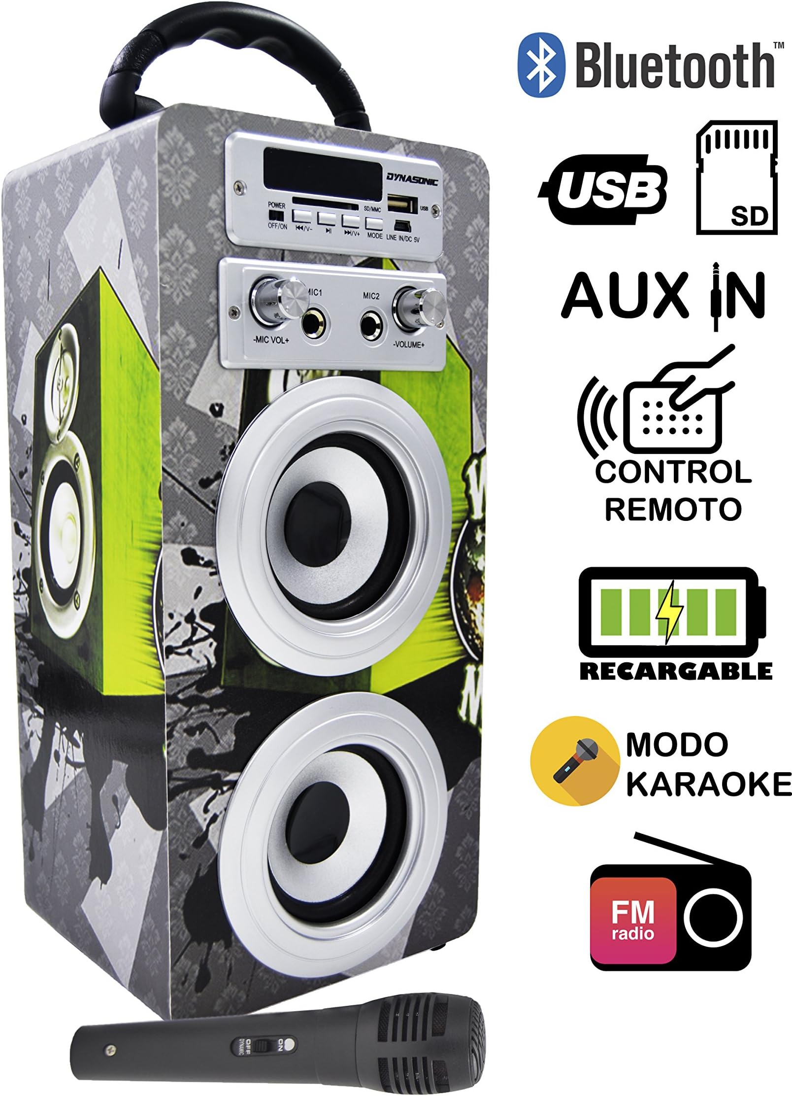 DYNASONIC Portable Bluetooth Speaker Karaoke with Microphone, 10 W Portable Wireless MP3 Player, USB SD Reader, FM Radio 025-5