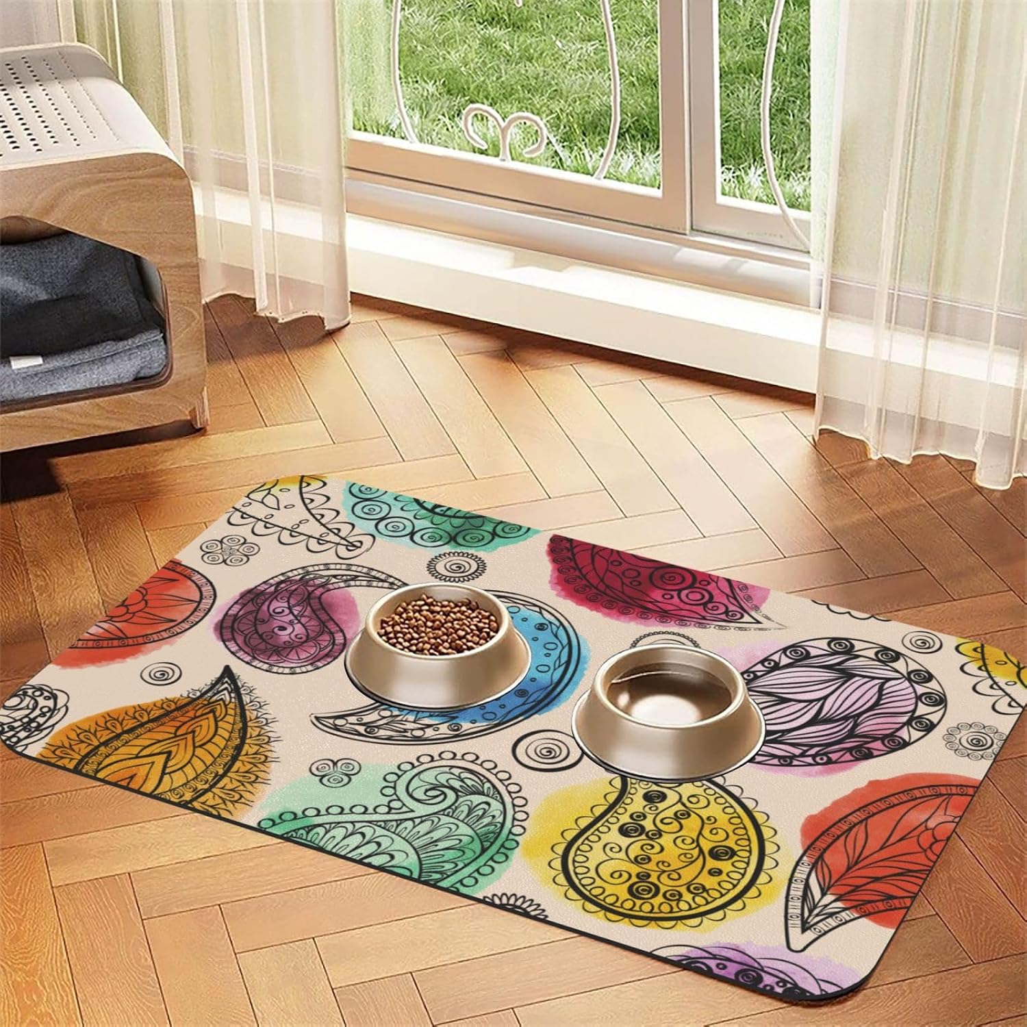 Colorful Mandala Pattern Leather Absorbent Pet Feeding Mat Non-Slip for Dogs Cats 40x60cm