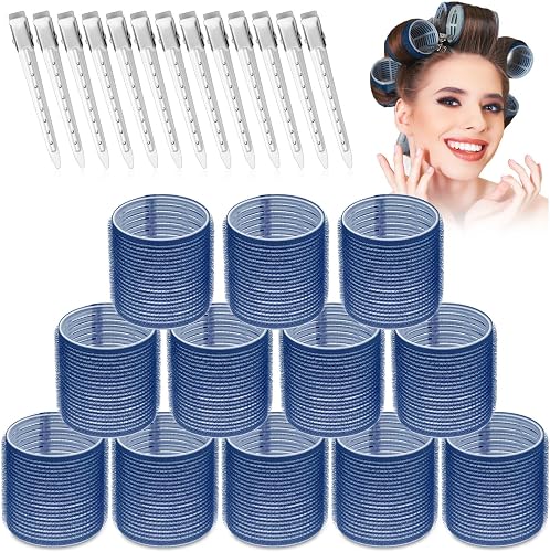 Jumbo Rollers Hair Curlers 24 Pcs Set with 12Pcs Jumbo Large Hair Rollers and 12 Pcs Hair Clips for Long Thick Hair Volume (Blue)