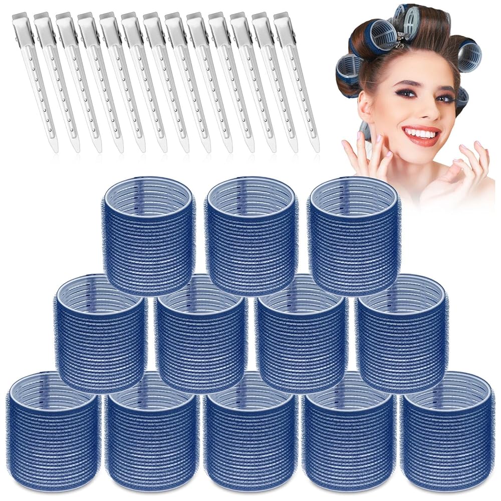 Jumbo Hair Curlers Set - 24 Large Rollers with 12 Rollers and 12 Clips for Long, Thick Volume (Blue)