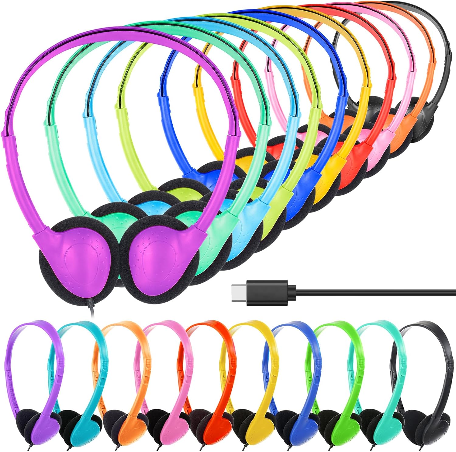 USB C Headphones Bulk 12 Pack for Classroom School Kids,USB Type C Headphones Class Set Compatible with Pad Smartphones Tablet Travel Computer Mixed Colors (B)