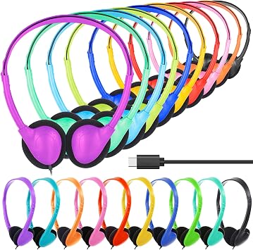 USB C Headphones Bulk 12 Pack for Classroom School Kids | USB Type C Headphones Class Set Compatible with Pad Smartphones Tablet Travel Computer Mixed Colors