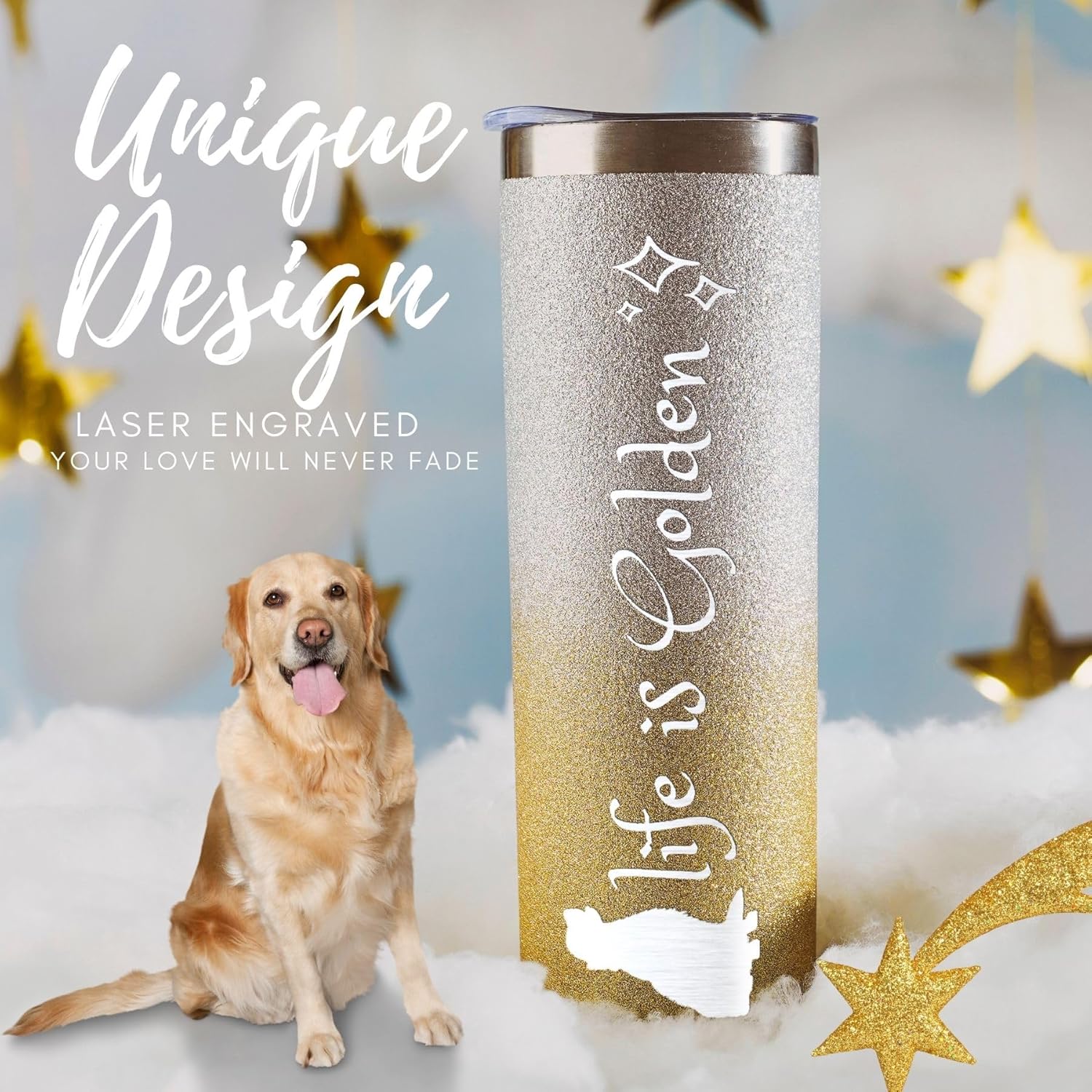 Onebttl Golden Retriever Gifts for Women & Dog Moms, 20Oz Glitter Skinny Travel Tumbler - Life is Golden - Image 2