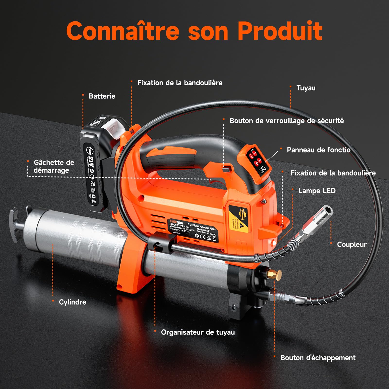 TaskStar Pompe à Graisse électrique: Pompe a Graisse Améliorée avec Contrôle Automatique du Volume de Graisse, 2 Batteries, 3 Coupleurs - Efficace pour Les Tracteurs, Les Camions et Les Machines