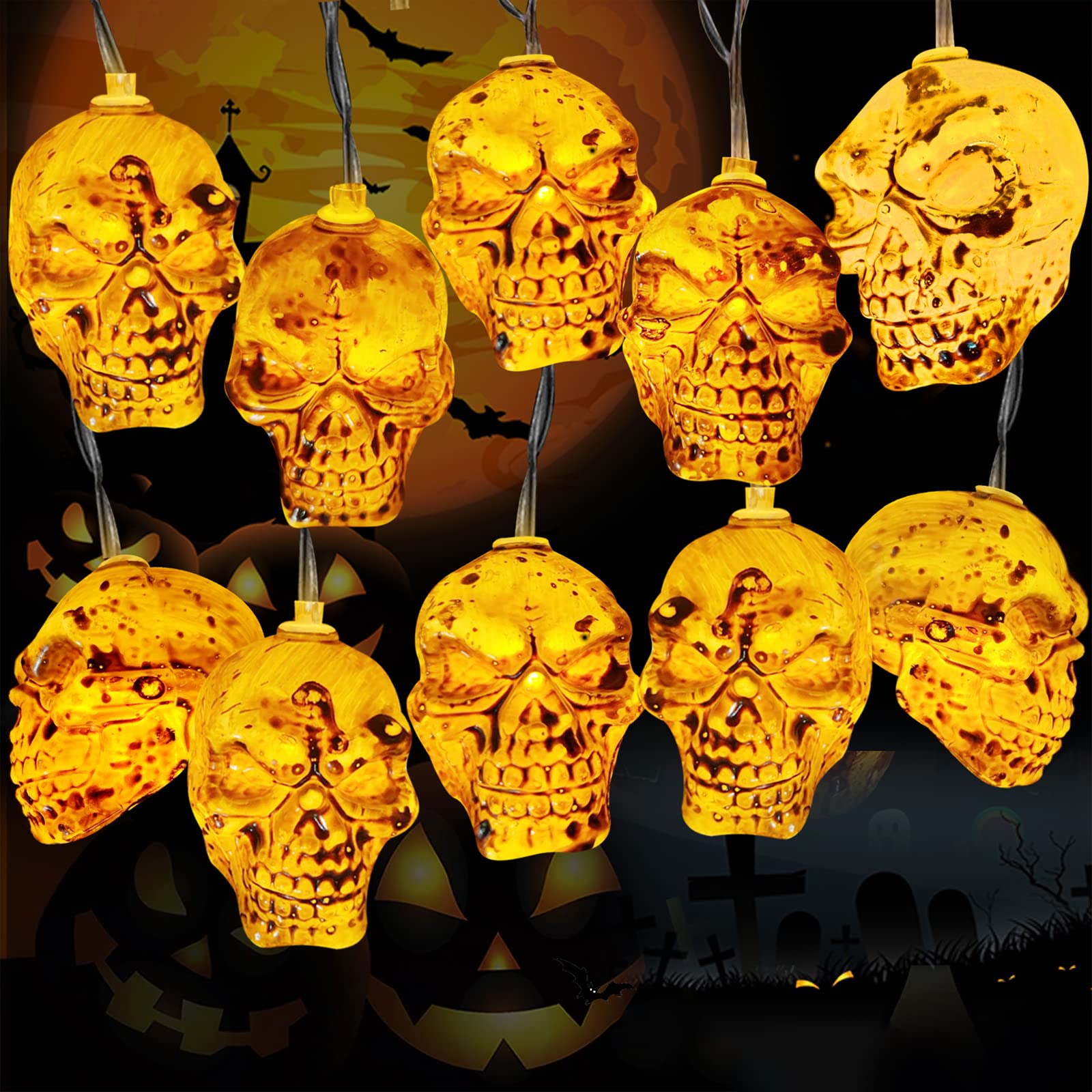 TaimeiMao Halloween Decorative Light, Skull Light 3 m with 20 LEDs, Halloween Skull Fairy Lights, Battery Operated, Halloween Decoration Garden, Halloween Lighting Outdoor and Indoor
