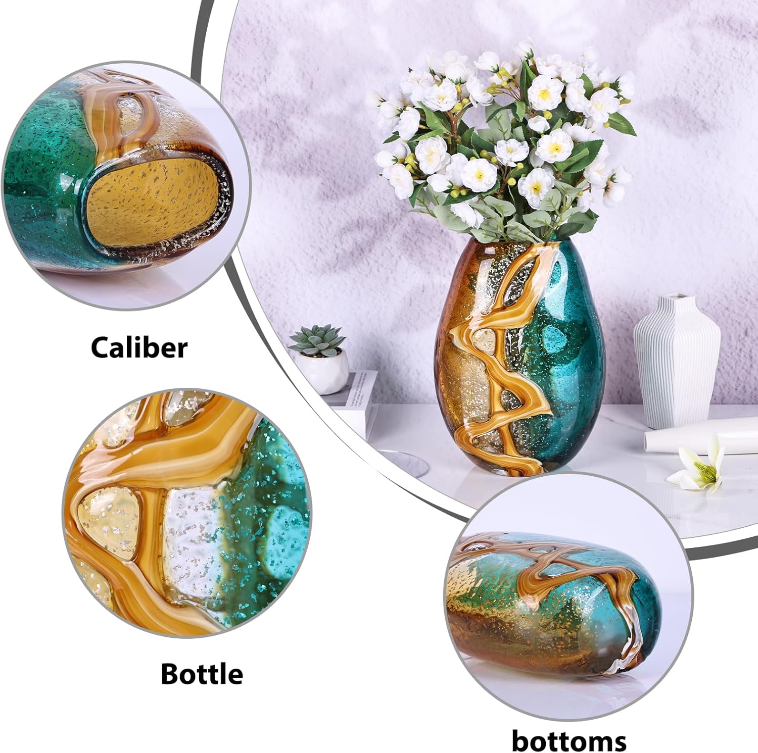 Teal Glass Vase,Hand Blown Green Flower Bulk,Murano Glass Vases,Unique Table Decor, Flowers with Decorative,Teal Vase Decor,for Bookshelf,Living Room,Office,Gift (M) - Image 2