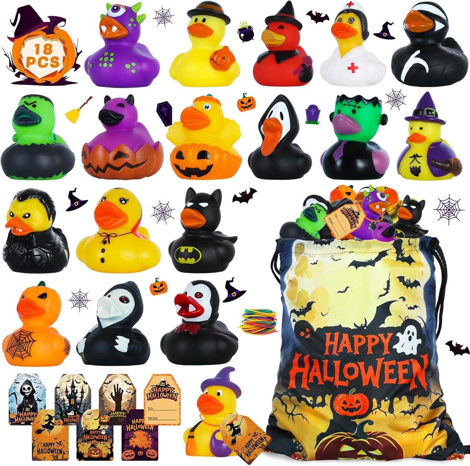 18pcs Halloween Rubber Ducks with 18Cards, 18Rubber Bands & Halloween Goodie Bags Fillers Stuffers, Mini Rubber Ducks Perfect for Halloween Party Favors Supplies Bath Toys,Classroom Game Prizes