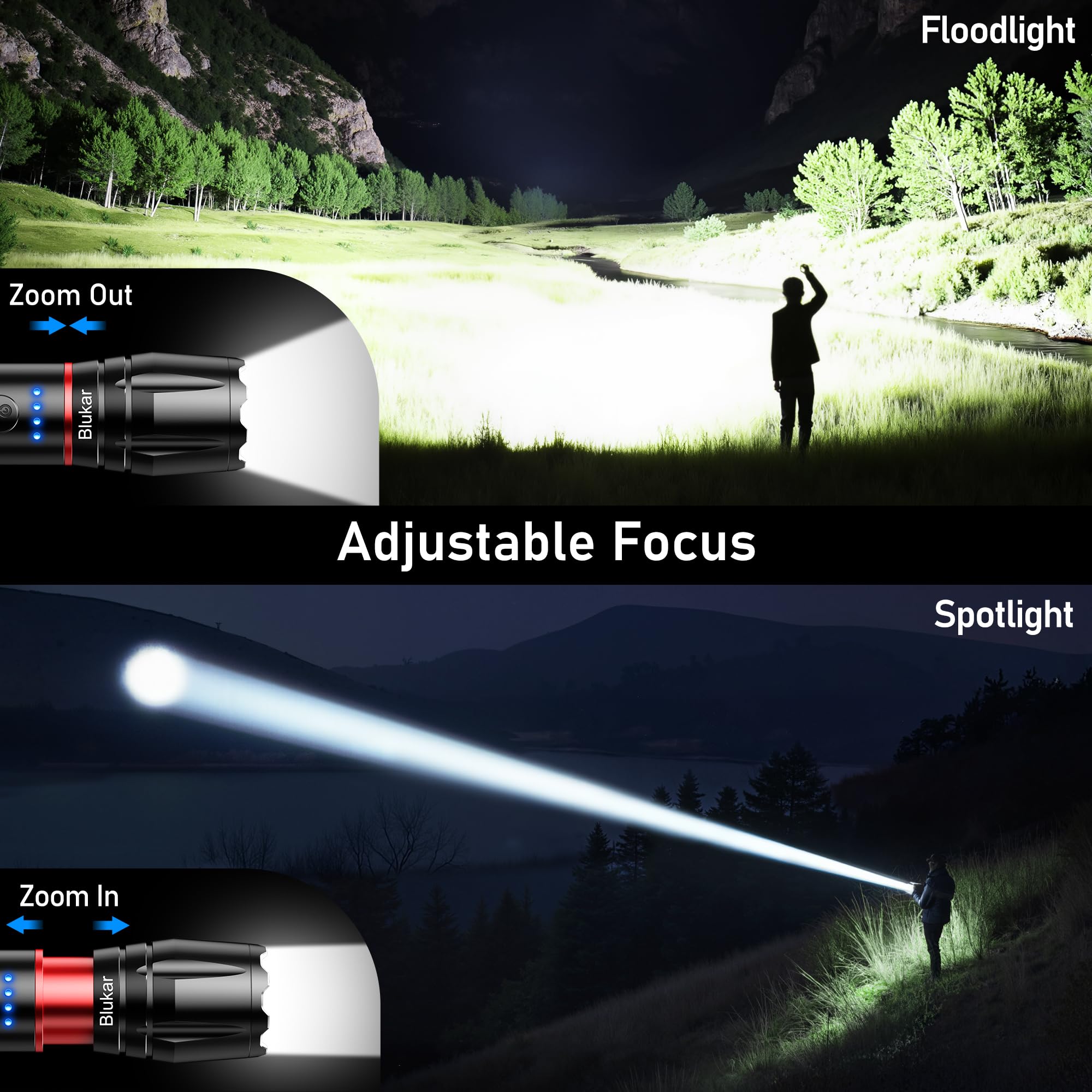 Blukar Torcia LED Ricaricabile 2 Temperatura Colore,Super Luminoso Torcia Potente,10 Modalità,Zoomabile,Funzione di Memoria,Impermeabile Flashlight per Campeggio/Emergenza/Interruzione di Corrente