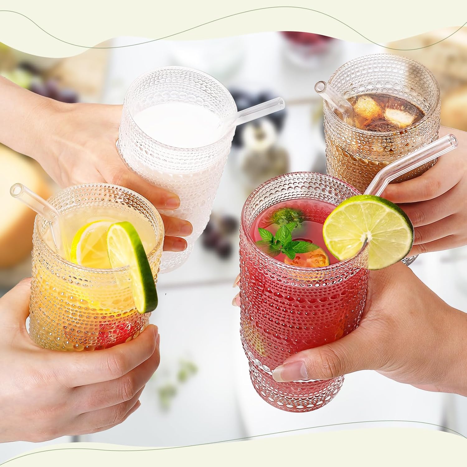 16 Oz Glass Cups with Lids and Straws, Vintage Embossed Glassware for Whiskey Cocktail Beer, Iced Coffee Cup with Lid, Glass Tumbler (2 PACK) - Image 6