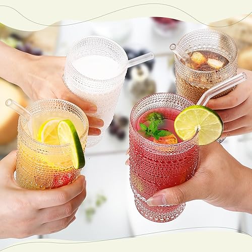 Miniatura 6 de Vasos de vidrio de 16 onzas con tapas y pajitas, cristalería vintage en relieve para whisky, cóctel, cerveza, taza de café helado con tapa, vaso de
