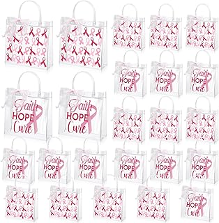 Capoda 24 Pcs Breast Cancer Clear PVC Gift Bags with Handles Pink Ribbon Tote Bags with Pink Ribbon Reusable Breast Cancer Awareness Bulk Item for Women Nurse Breast Cancer Survivor Party Gift