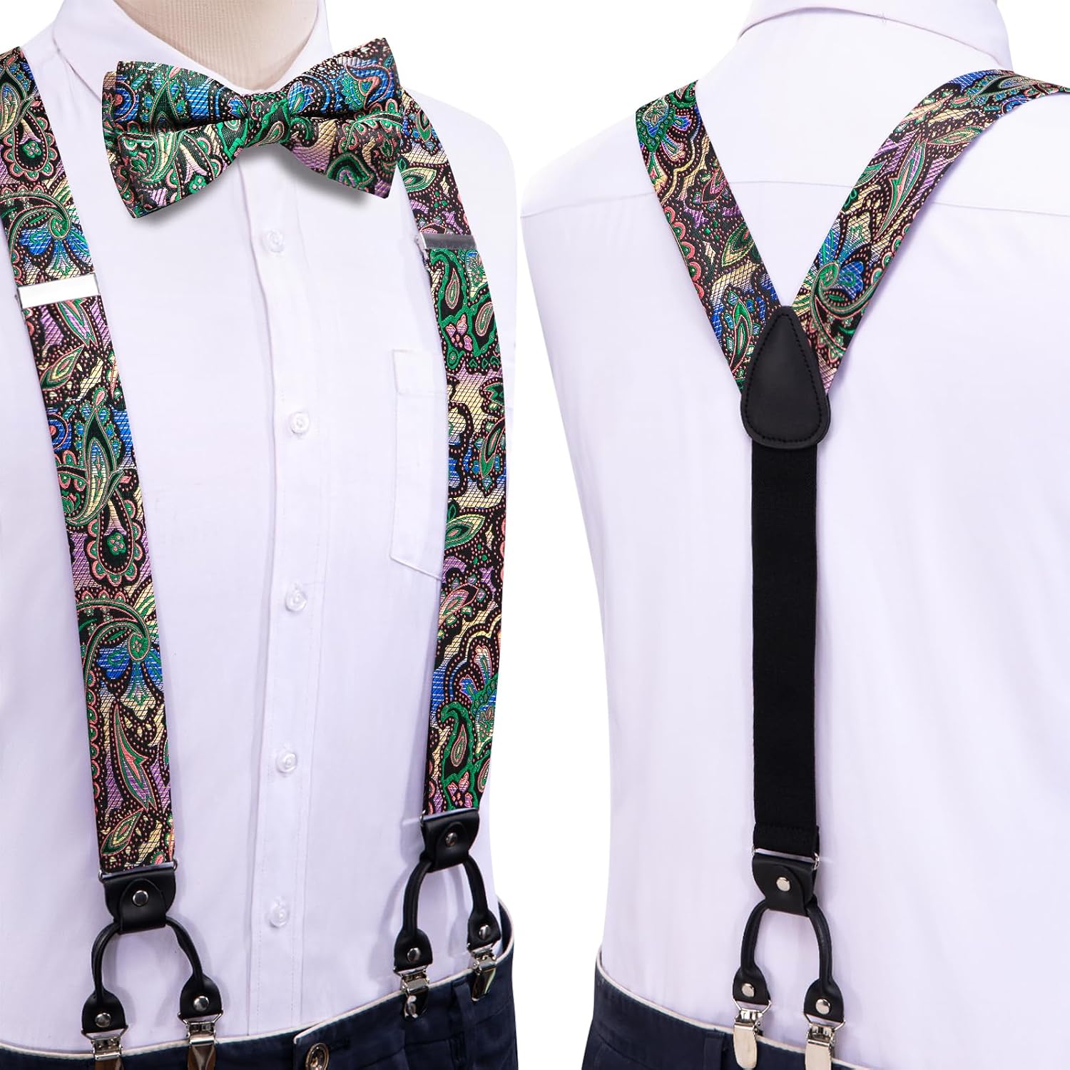 Dubulle Suspender and Bow Tie for Men Paisley Solid Mens Suit Braces Pretied Bowtie and Handkerchief Cufflinks Formal Wedding