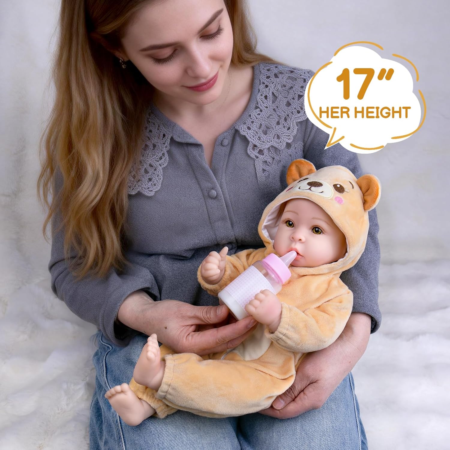Aori 17 Inch Lifelike Baby Dolls Realistic Baby Doll with Lightweight Soft Body, Teddy Bear Outfit & Doll Accessories, Great for Role Play, Gift for Girls Age 3+