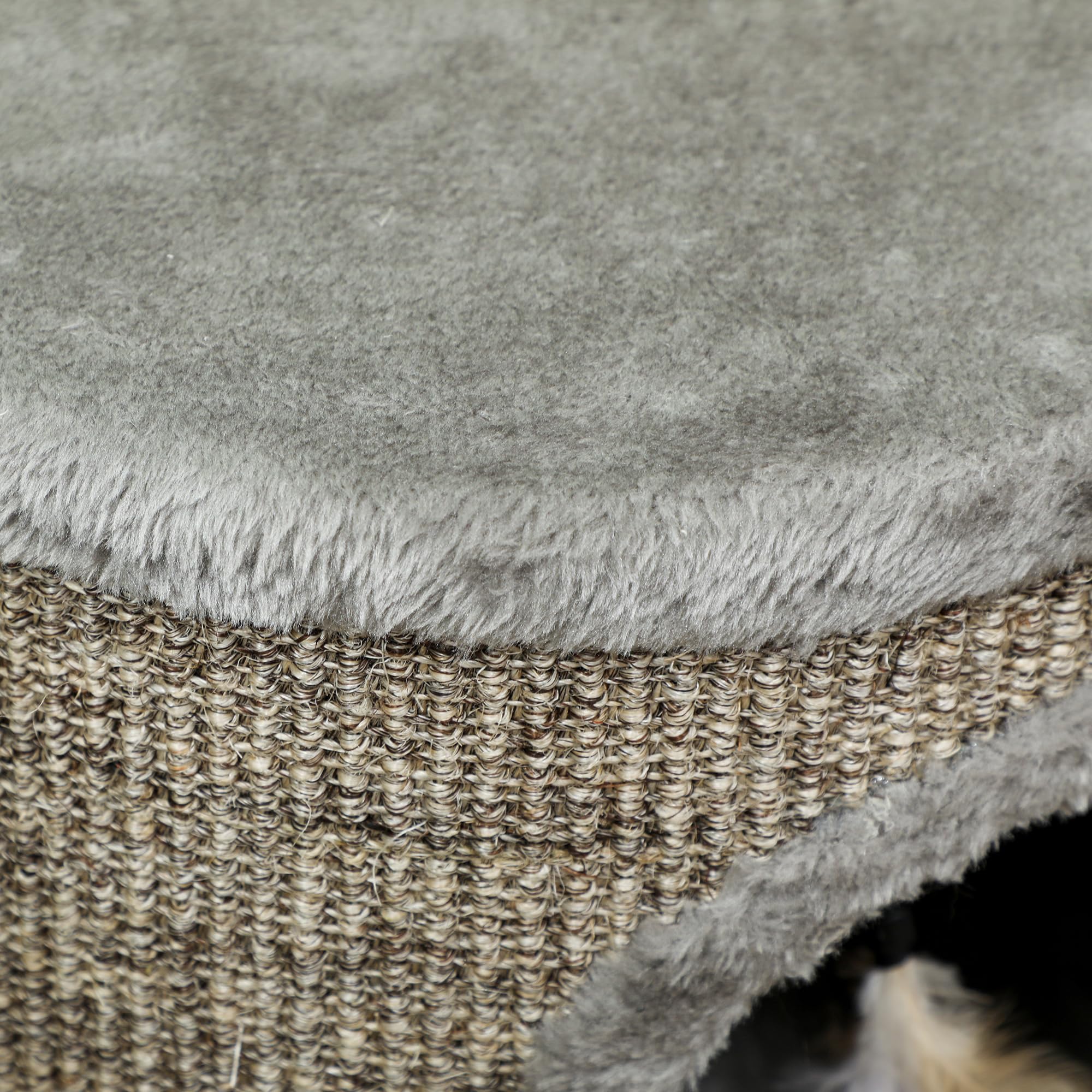 PawHut Casa para Gatos 3 en 1 Taburete, Reposapiés, Cama para Gatos con Rascador, Patas de Madera y Pluma Colgante, Cueva para Interior, 36x36x38 cm, Gris