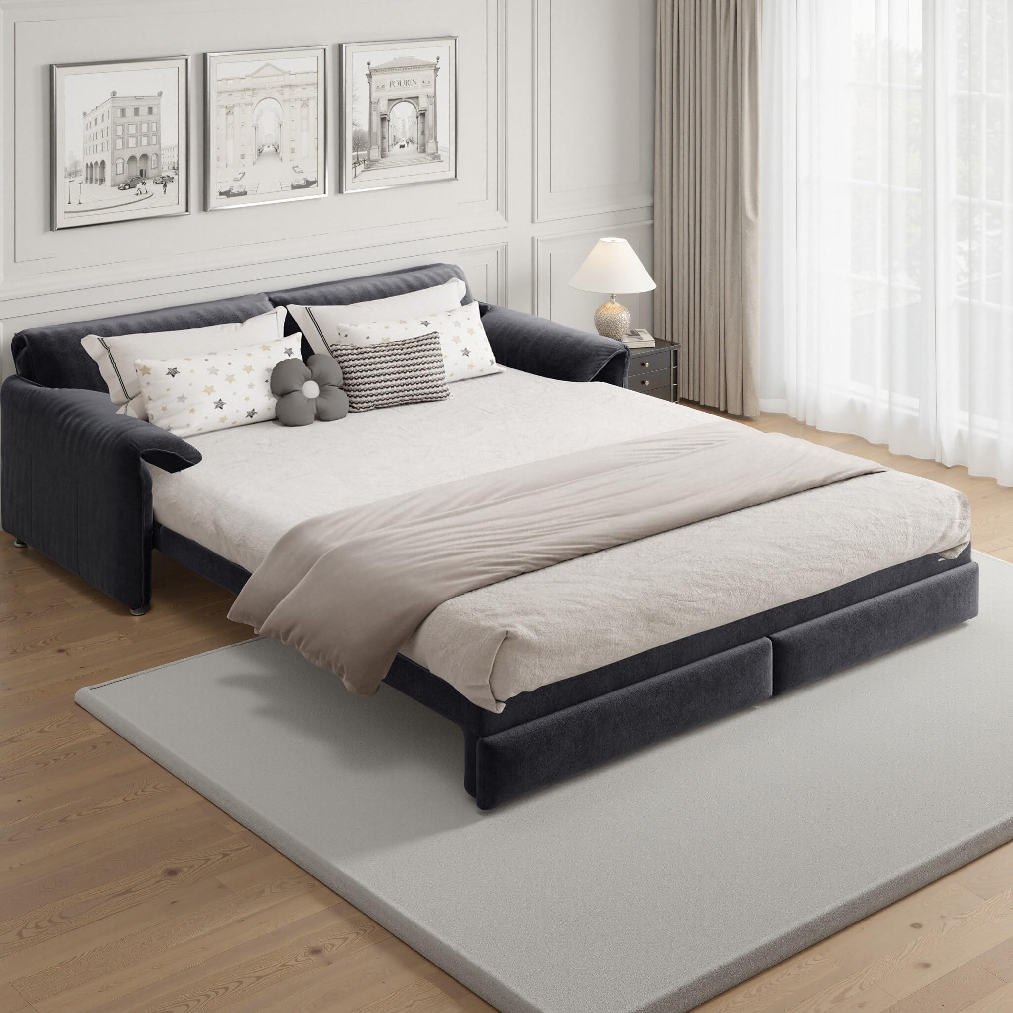 66" Queen Size Pull Out Sofa Bed, 3-in-1 Convertible Sleeper Sofa with Side Storage, Folding Floor Sofa Lounge Couch, Velvet Loveseat Bed for Living Room, Bedroom, Office, Grey